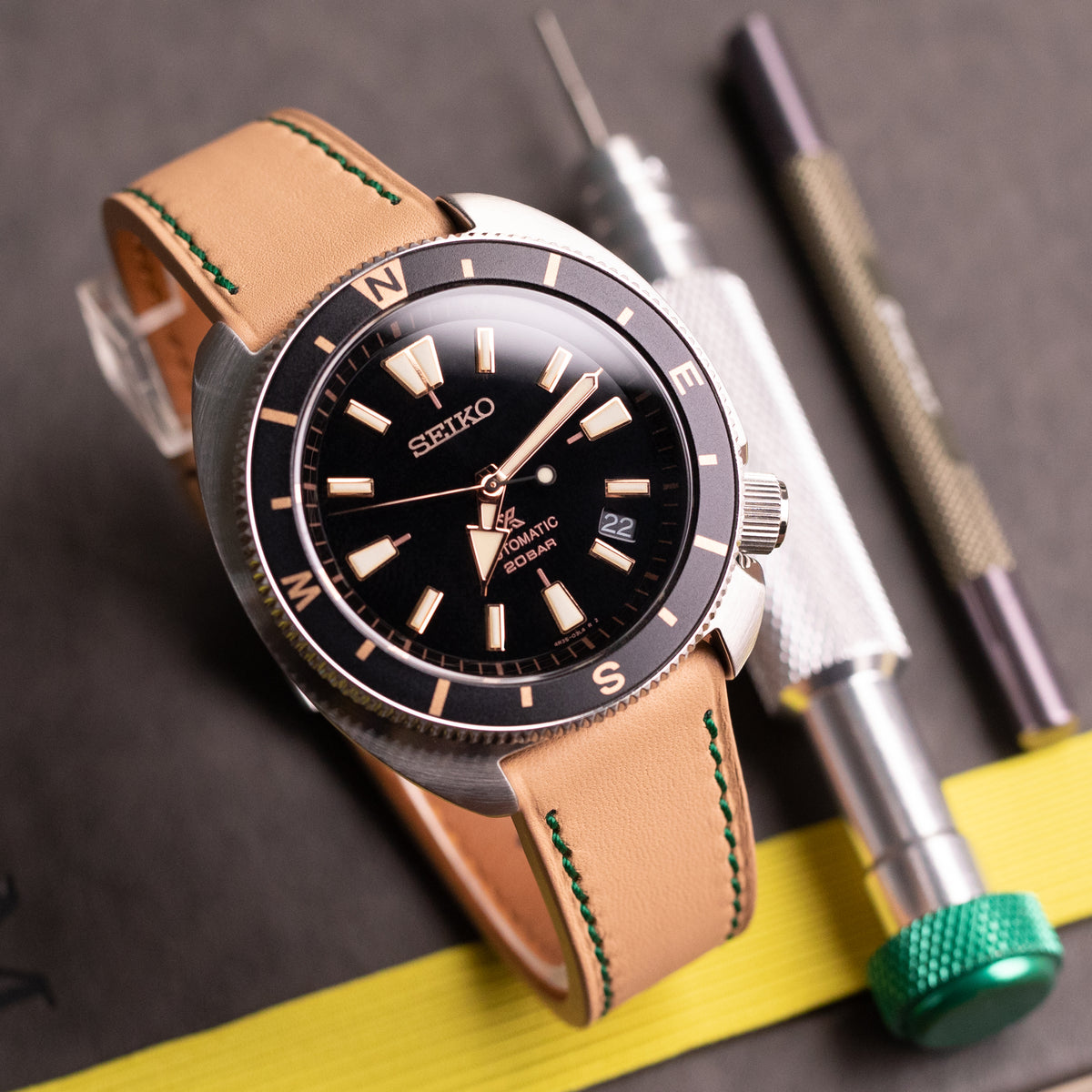 Q.R. 20mm Beige Tapered Leather Watch Band, Forest Green Stitching + Zermatt