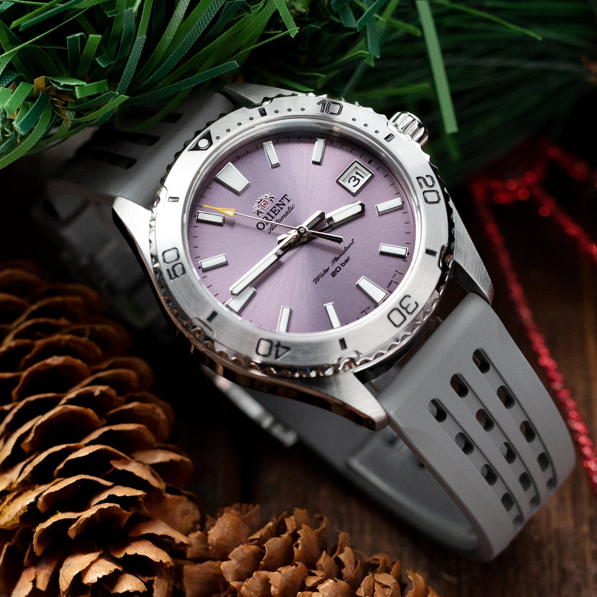 Orient RA-AC0Q07V Mako 40 Lilac Mechanical Sports Watch rubber watch band by Strapcode 