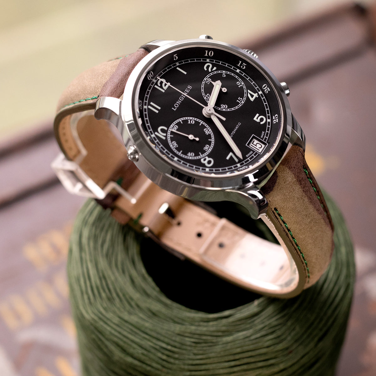 Quick Release, Forest Camo Pattern Italian Leather Tapered Watch Strap, 19mm to 22mm