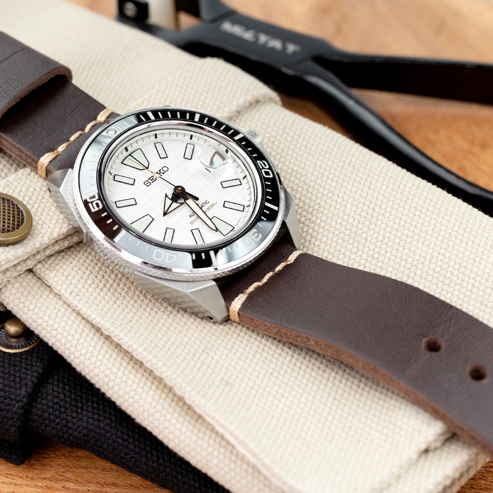 22mm Dark Brown Ammo Leather Watch Band, Brushed Buckle