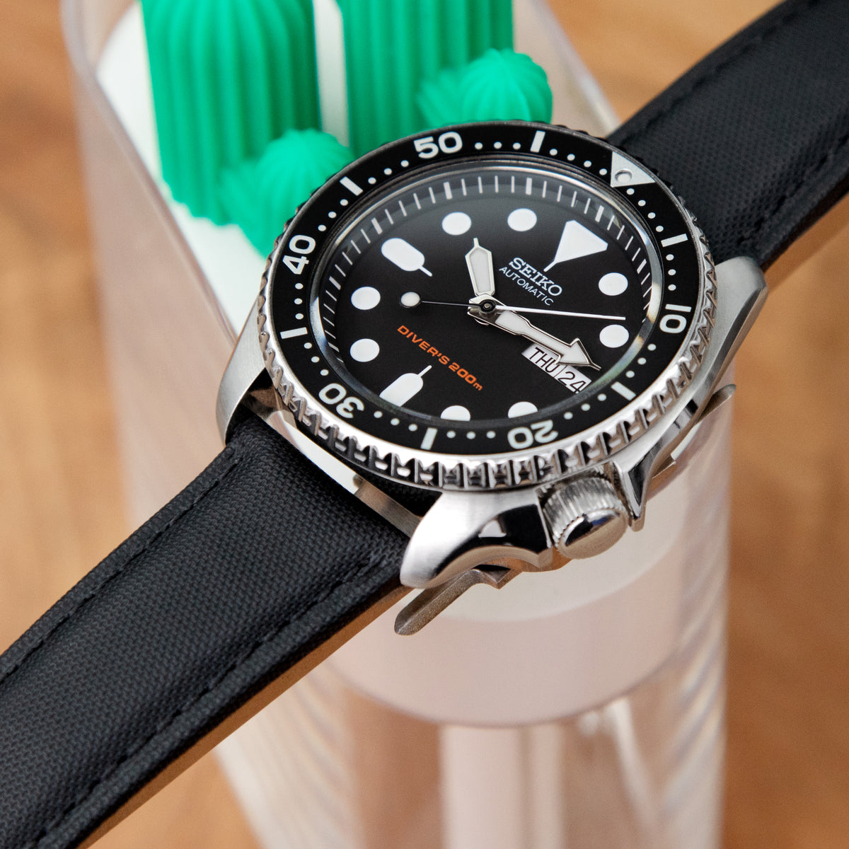 20mm or 22mm Black Woven Texture Watch Strap, Black Stitching, Brushed