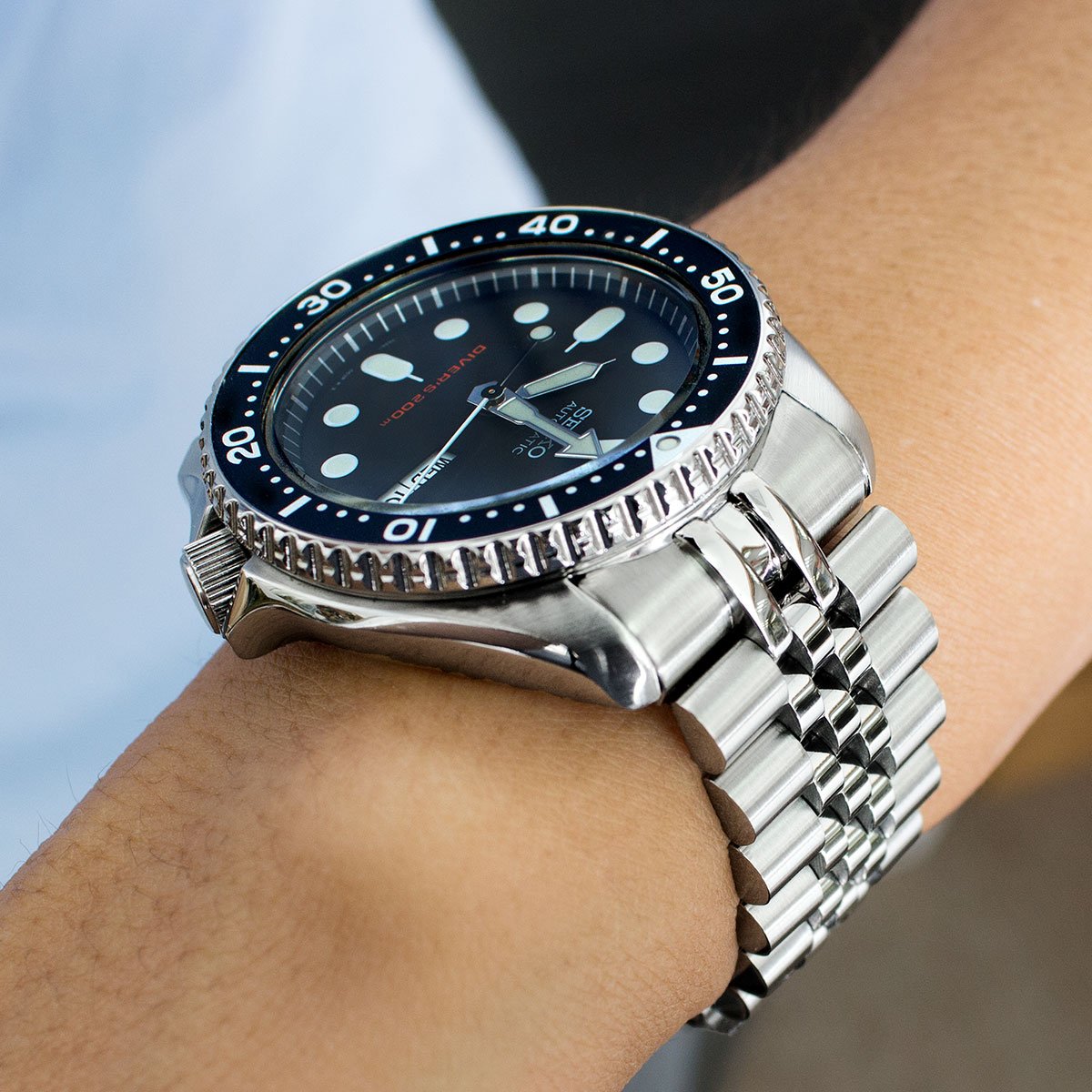 22mm Super 3D Jubilee 316L Stainless Steel Watch Band for Seiko SKX007, V-Clasp Button Double Lock