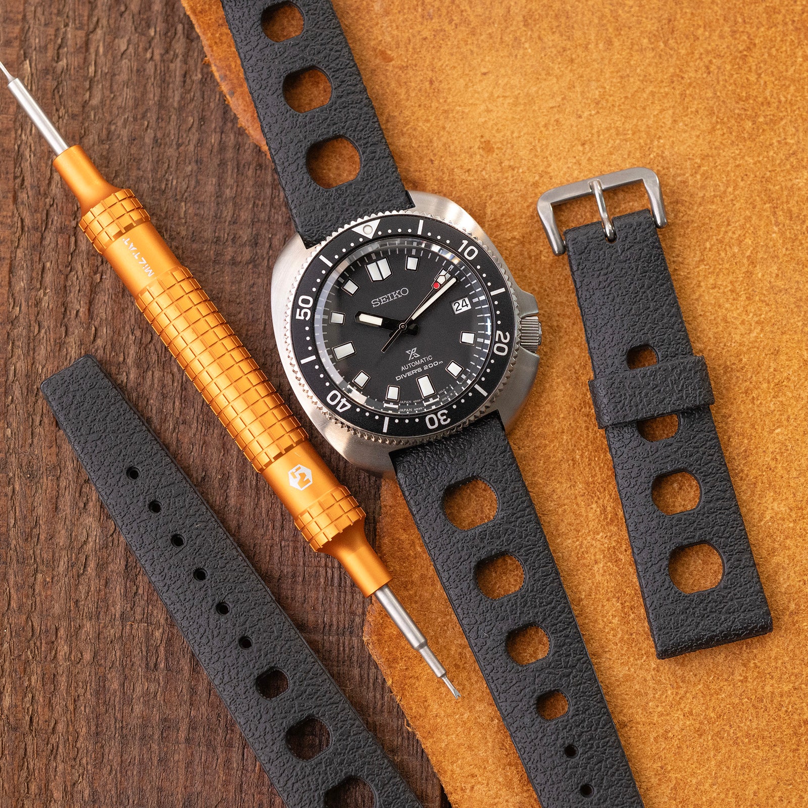 20mm Black Retro Large Holes Rally Tapered Rubber watch band  Strapcode Watch Bands