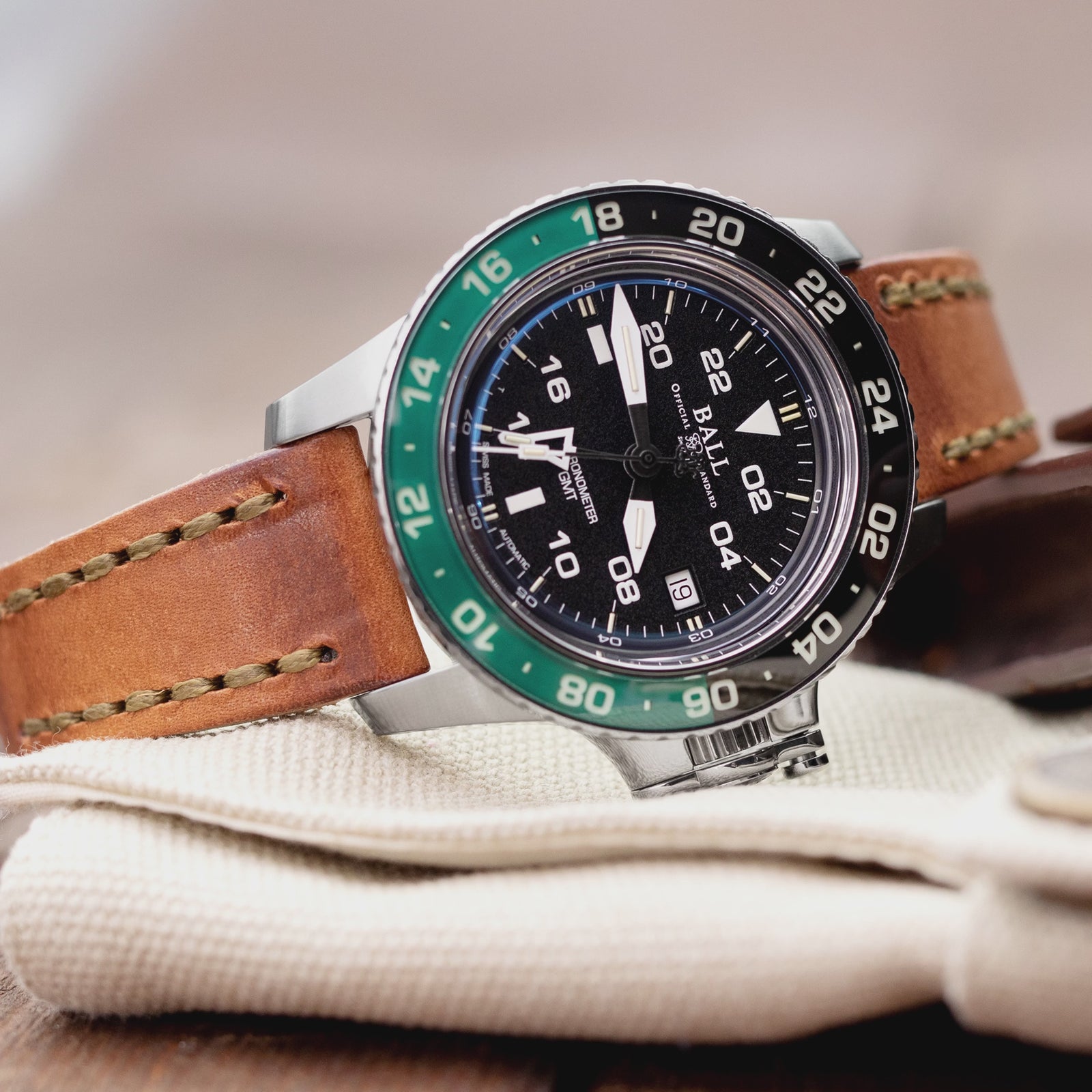 20mm Brown Griffon One-Piece Handcrafted Italian Brown Leather Watch Band, Olive Green Stitch