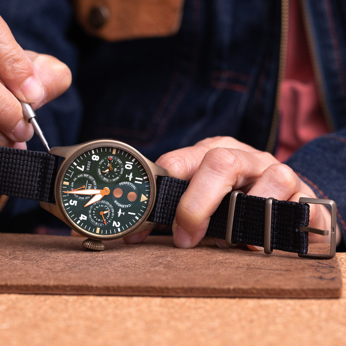 IWC Big Pilot&#39;s Watch Perpetual Calendar Spitfire IW503601 on Braonze buckle Nylon watch band by Strapcode