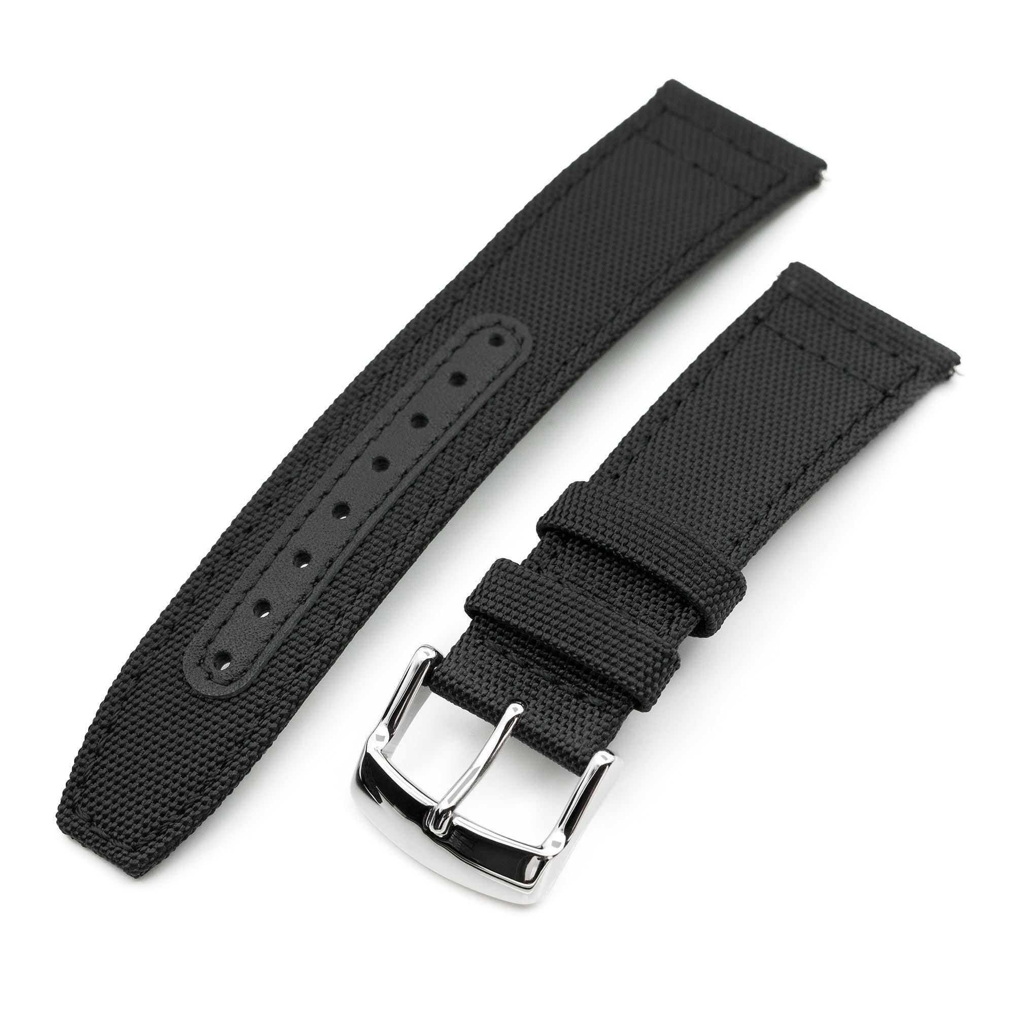 Q.R. Black Sailcloth Watch Band with leather lining, 19mm, 20mm or 23mmStrapcode watch bands