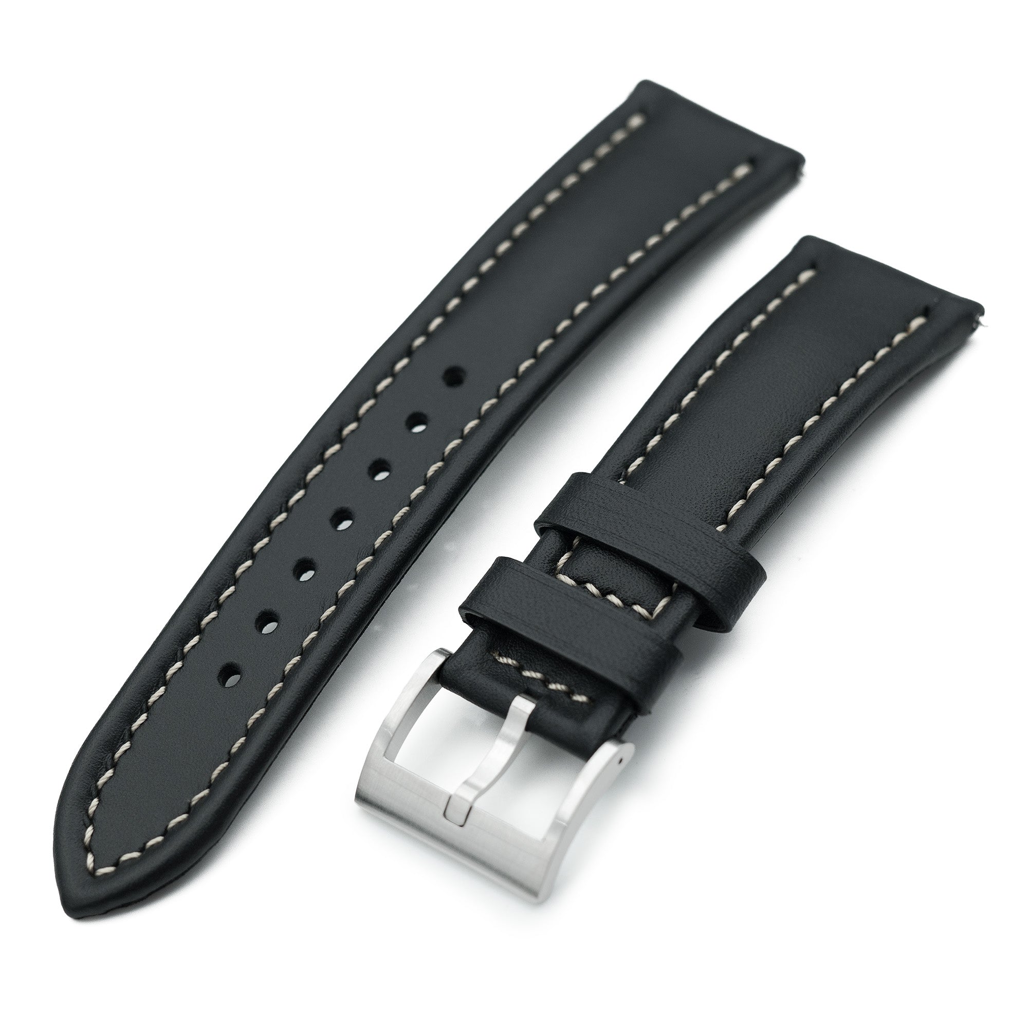 Aviator Style Quick Release Black French Leather Watch Band 19mm, 20mm, 22mm or 23mm Strapcode watch bands