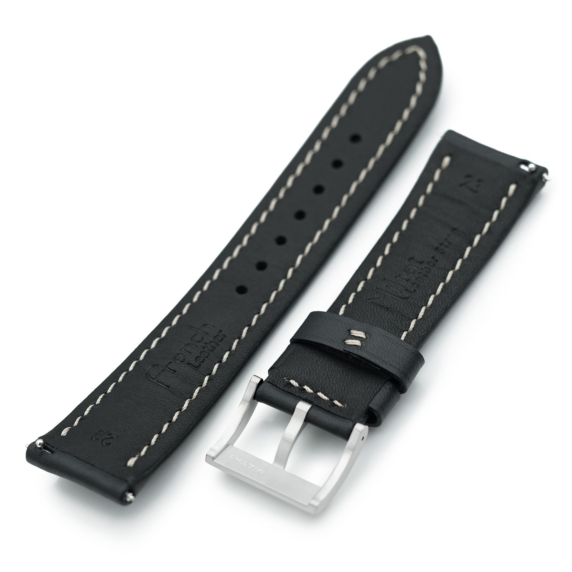 Aviator Style Quick Release Black French Leather Watch Band 19mm, 20mm, 22mm or 23mm Strapcode watch bands