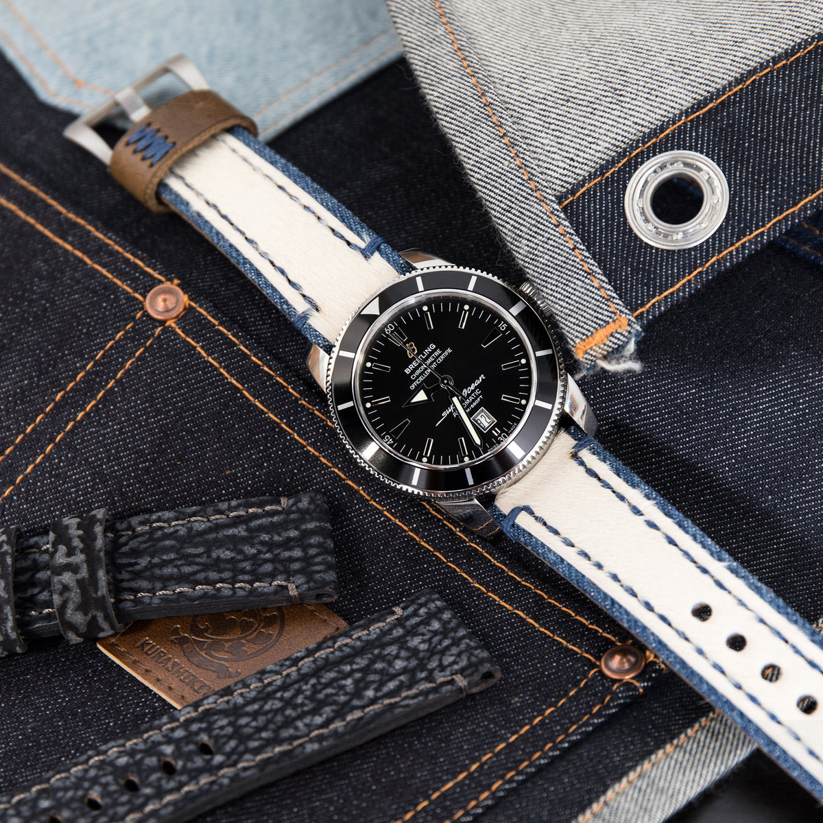 24mm MiLTAT Zizz Collection Beige Fur &amp; Denim Watch Strap Blue Wax Hand Stitching