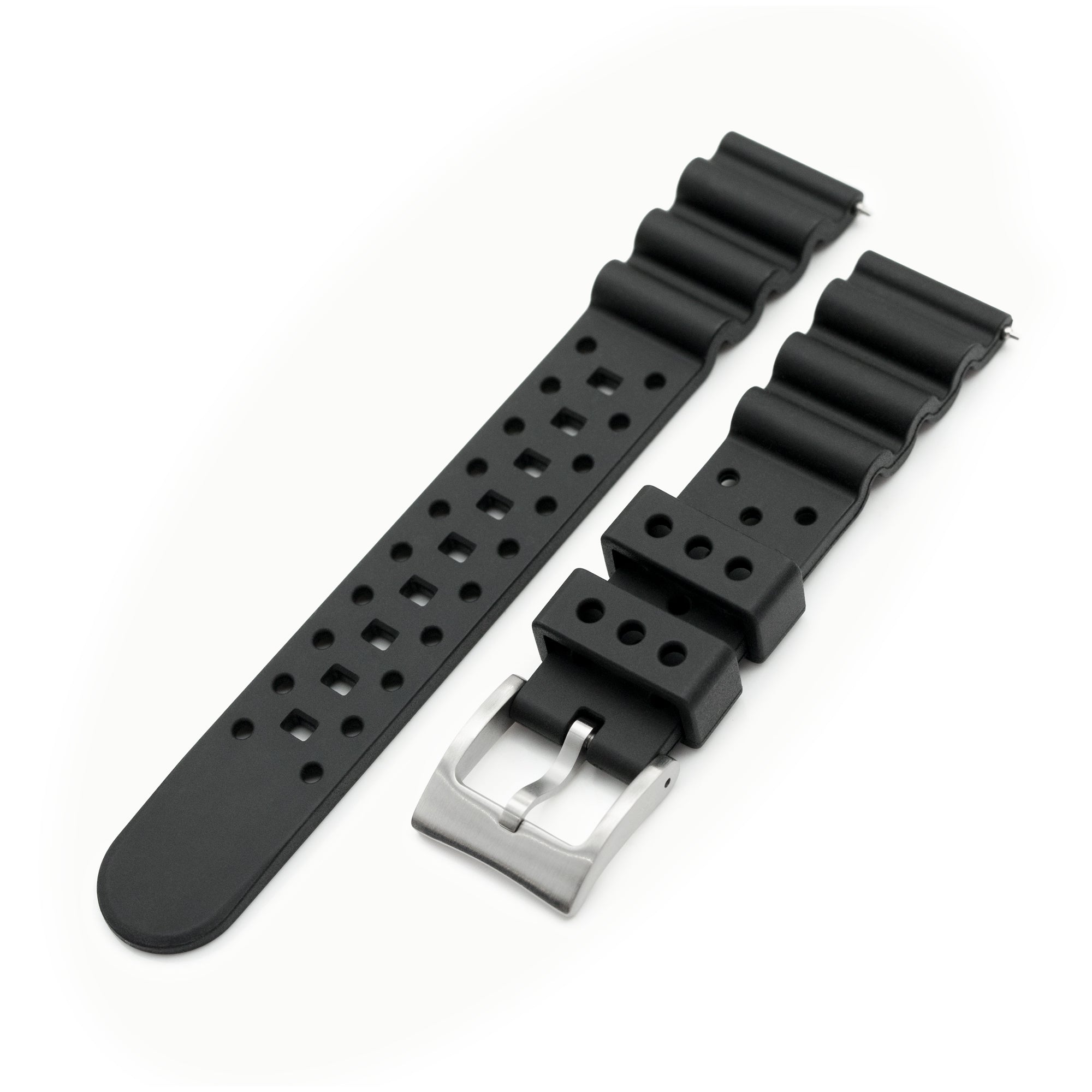 18mm, 20mm or 22mm Quick Release Black Diver FKM Rubber Strap, Brushed