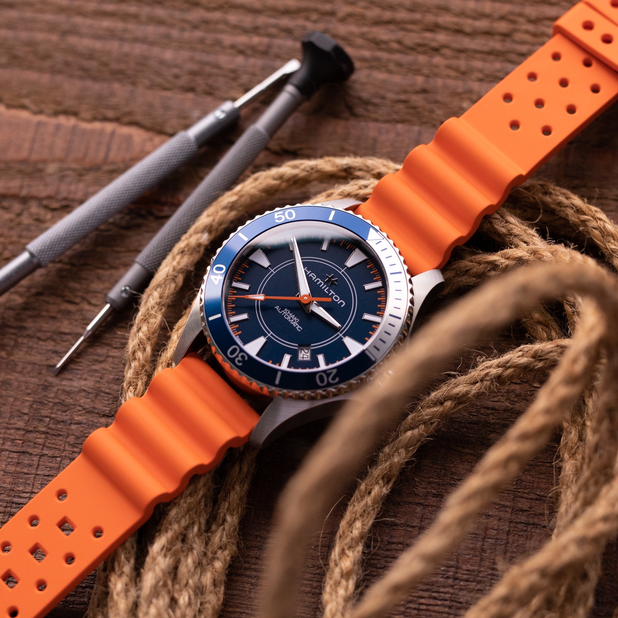 20mm or 22mm Quick Release Watch Band Orange Diver FKM Rubber Strap, Brushed Strapcode watch bands