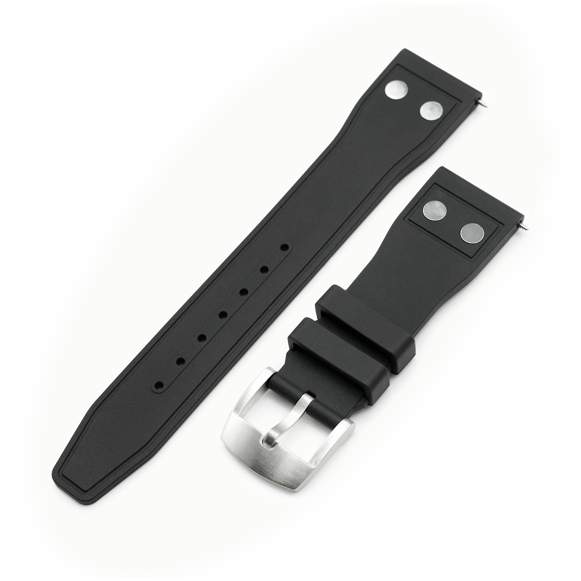 Quick Release Black Rivet Pilot FKM rubber watch strap, 20mm or 22mm Strapcode Watch Bands