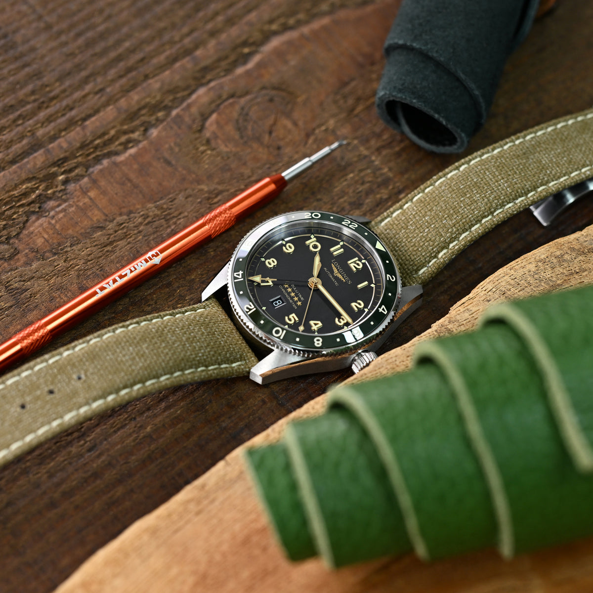 20mm or 22mm Khaki Canvas Watch Band Brushed Roller Deployant Buckle, Beige Stitching