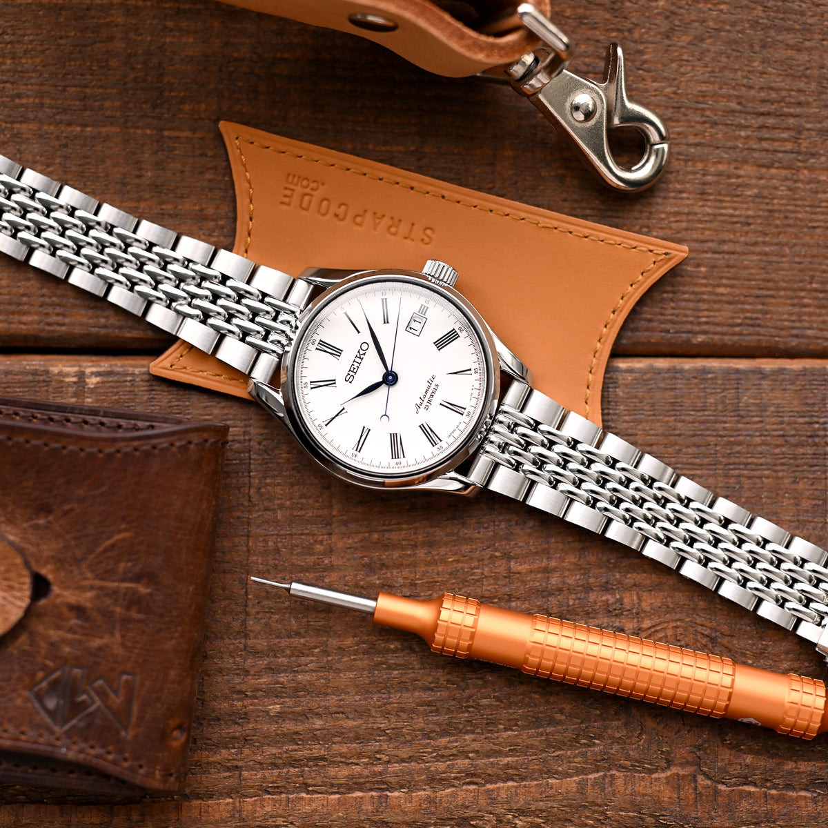 18mm, 19mm or 20mm Goma BOR Q.R. Watch Band Straight End, 316L Stainless Steel Brushed and Polished V-Clasp