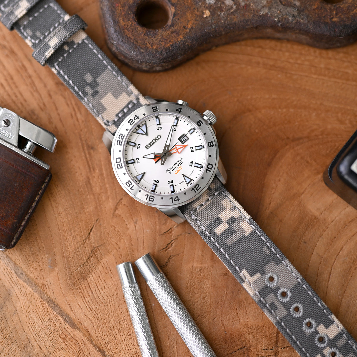 20mm, 21mm or 22mm MiLTAT WW2 2-piece Beige Camouflage Cordu-1000D Fabric Armband with lockstitch round hole, Polished