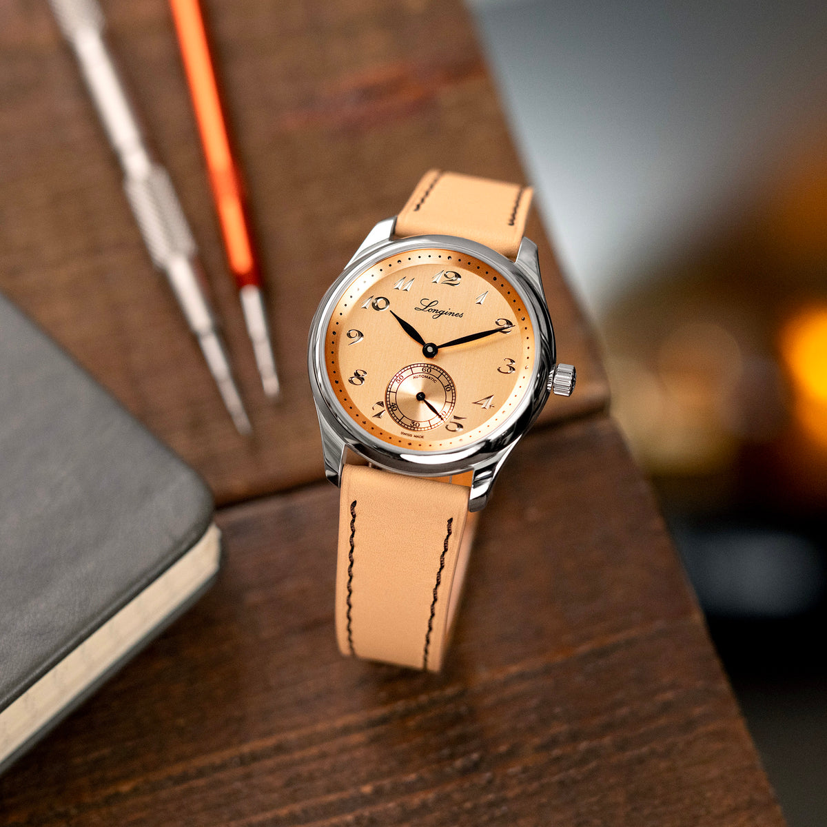 Q.R. 20mm Beige Tapered Leather Watch Band, Chocolate Brown Stitching + Zermatt