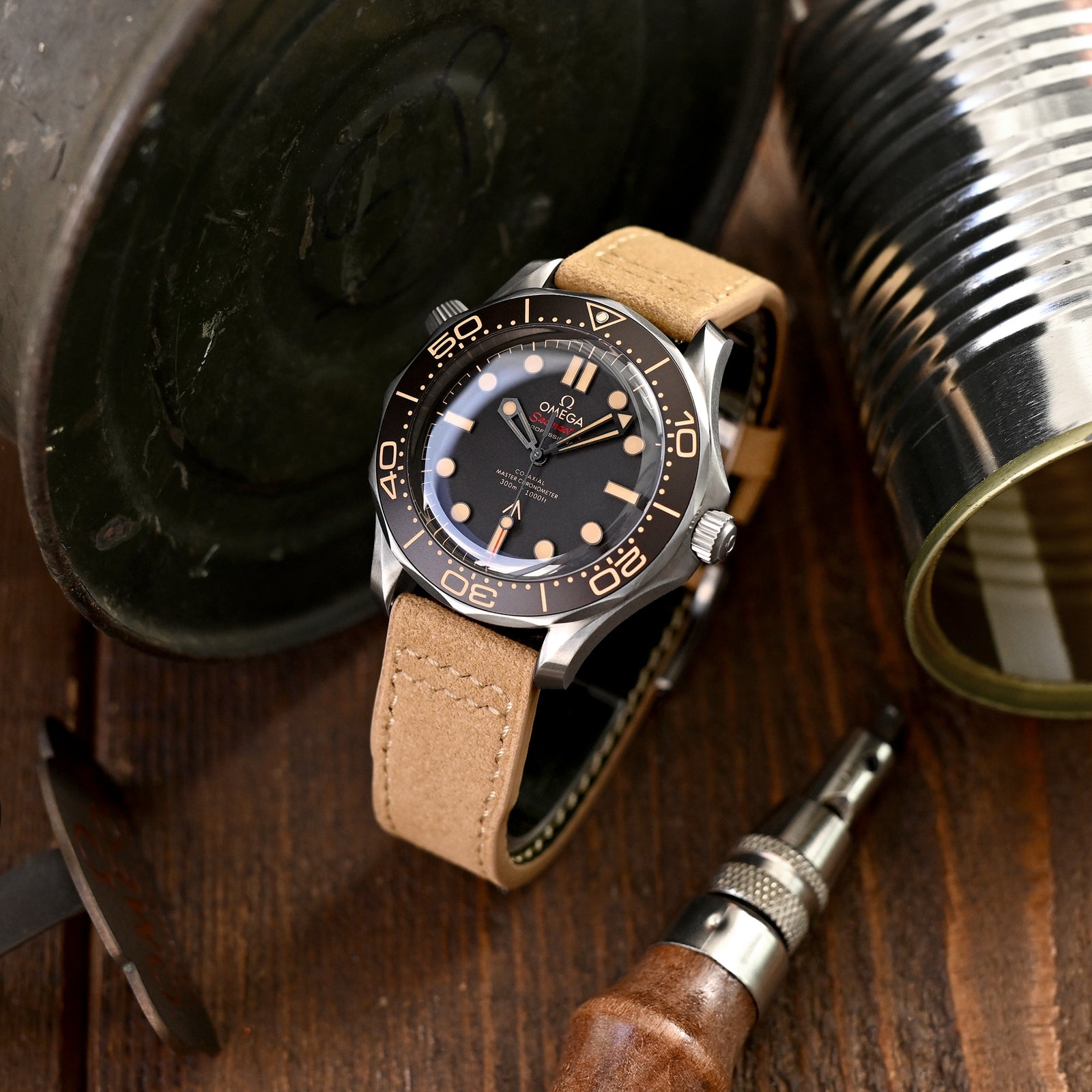 Khaki Alcantara Fabric Quick Release Watch Band, Beige Stitching, 20mm, 21mm or 22mm Strapcode watch bands