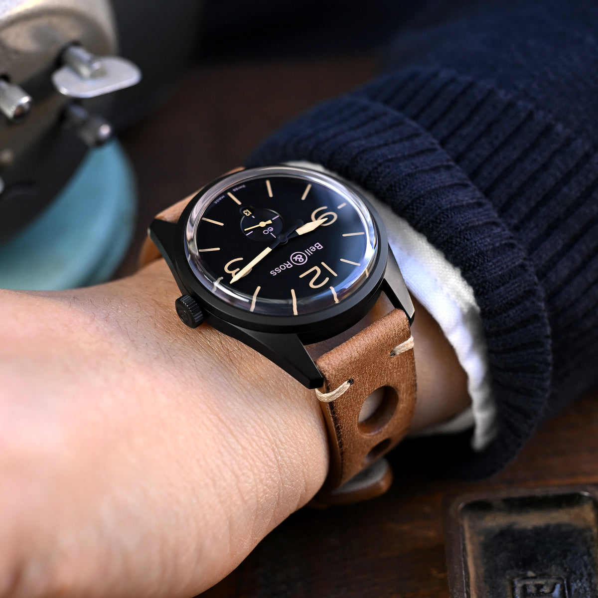 Q.R. 22mm Brown Leather Italian Handmade Racer Watch Band, Beige St.