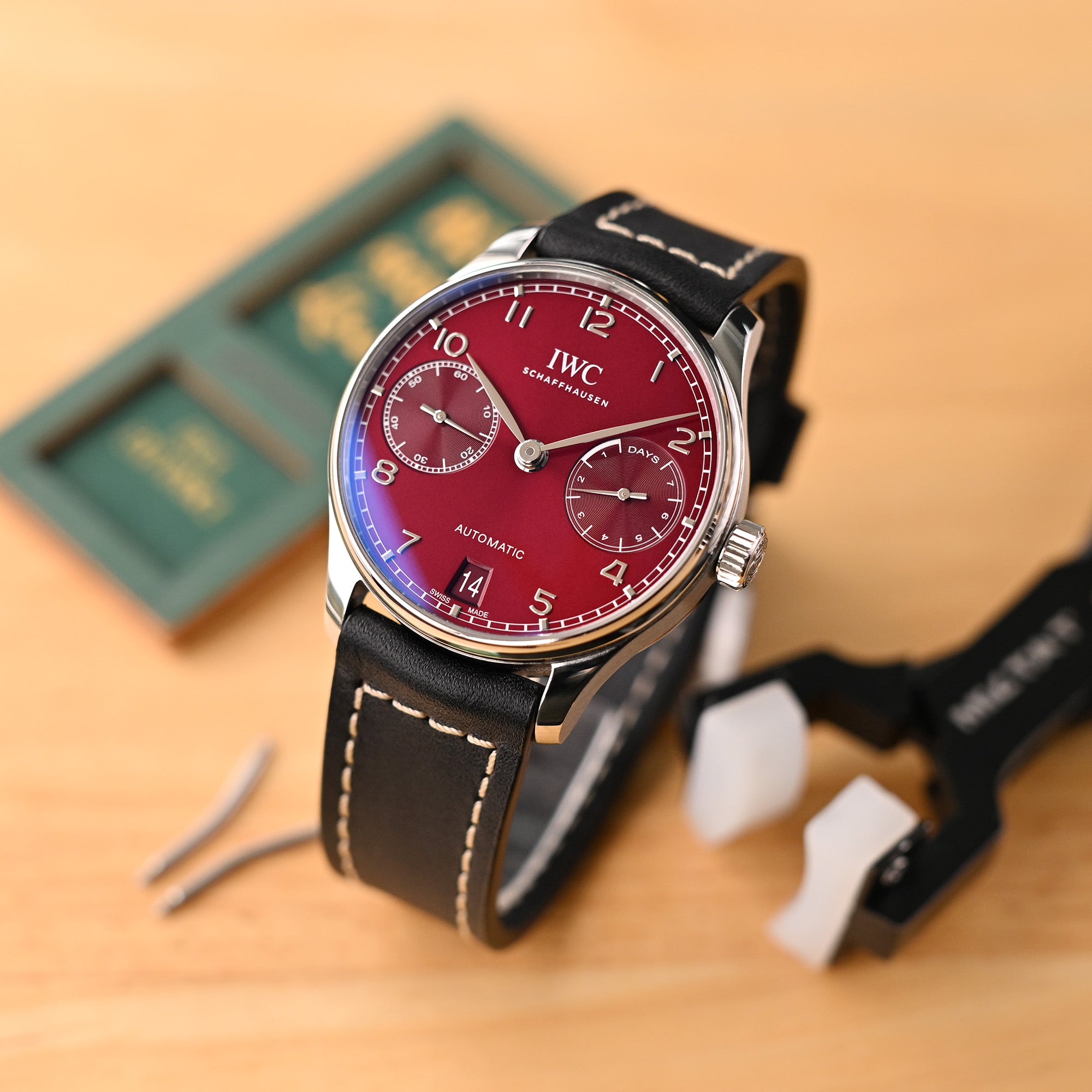 Pam Collection, Black French Crafted Barenia Leather Watch Strap for Panerai, Beige Stitching Strapcode watch bands