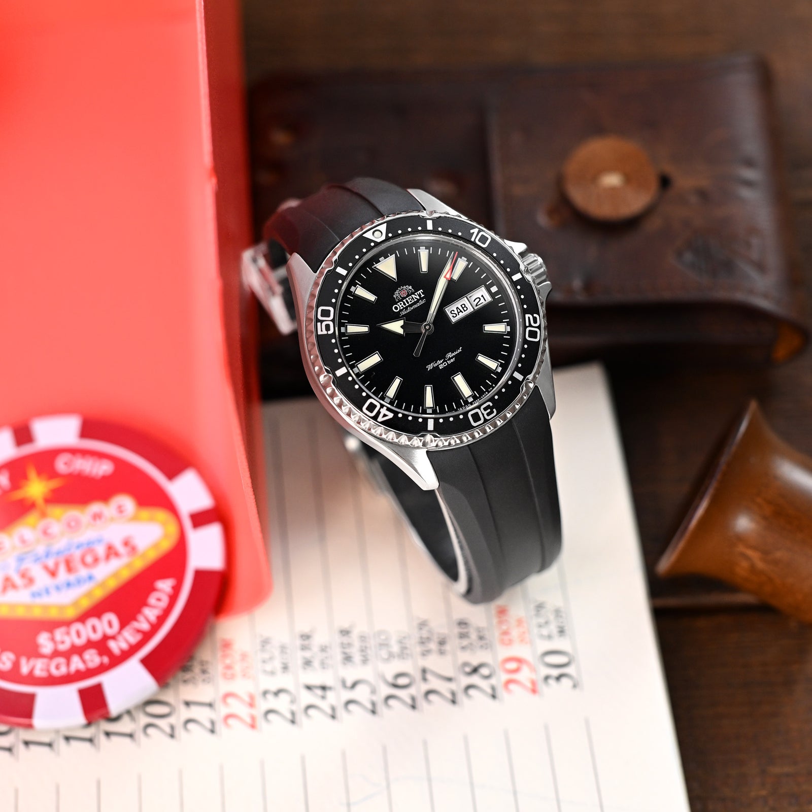 Wheels FKM Watch Band for Orient Kamasu, 22mm Black Rubber Quick Release Curved End Strapcode watch bands