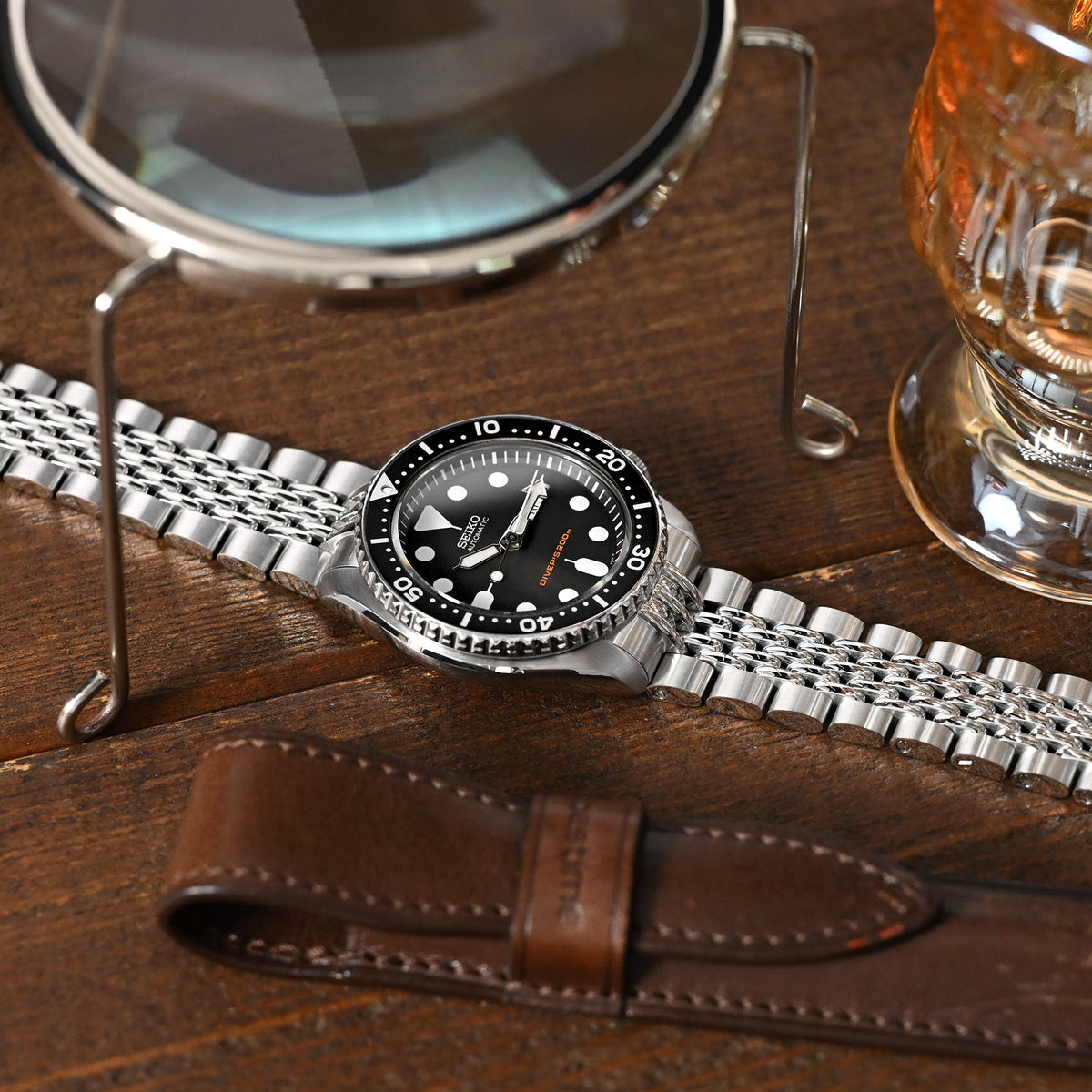 22mm Goma BOR Watch Band for Seiko SKX007 SKX009 SKX011, Stainless Steel - Brushed, Polished Center Links, V Diver Clasp