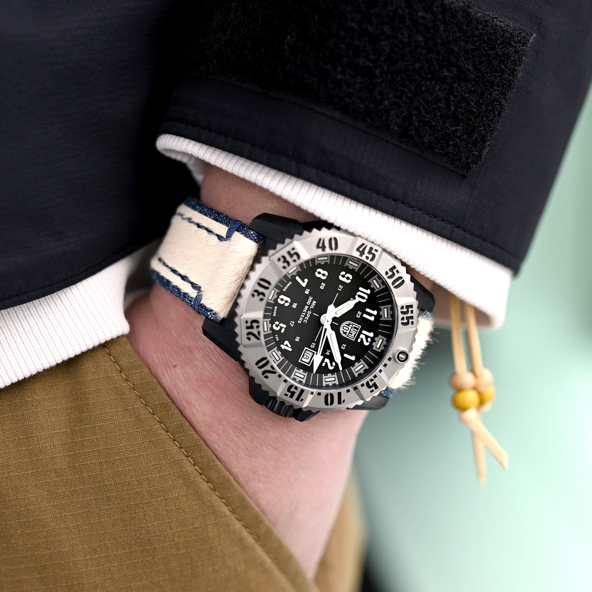 24mm MiLTAT Zizz Collection Beige Fur &amp; Denim Watch Strap Blue Wax Hand Stitching