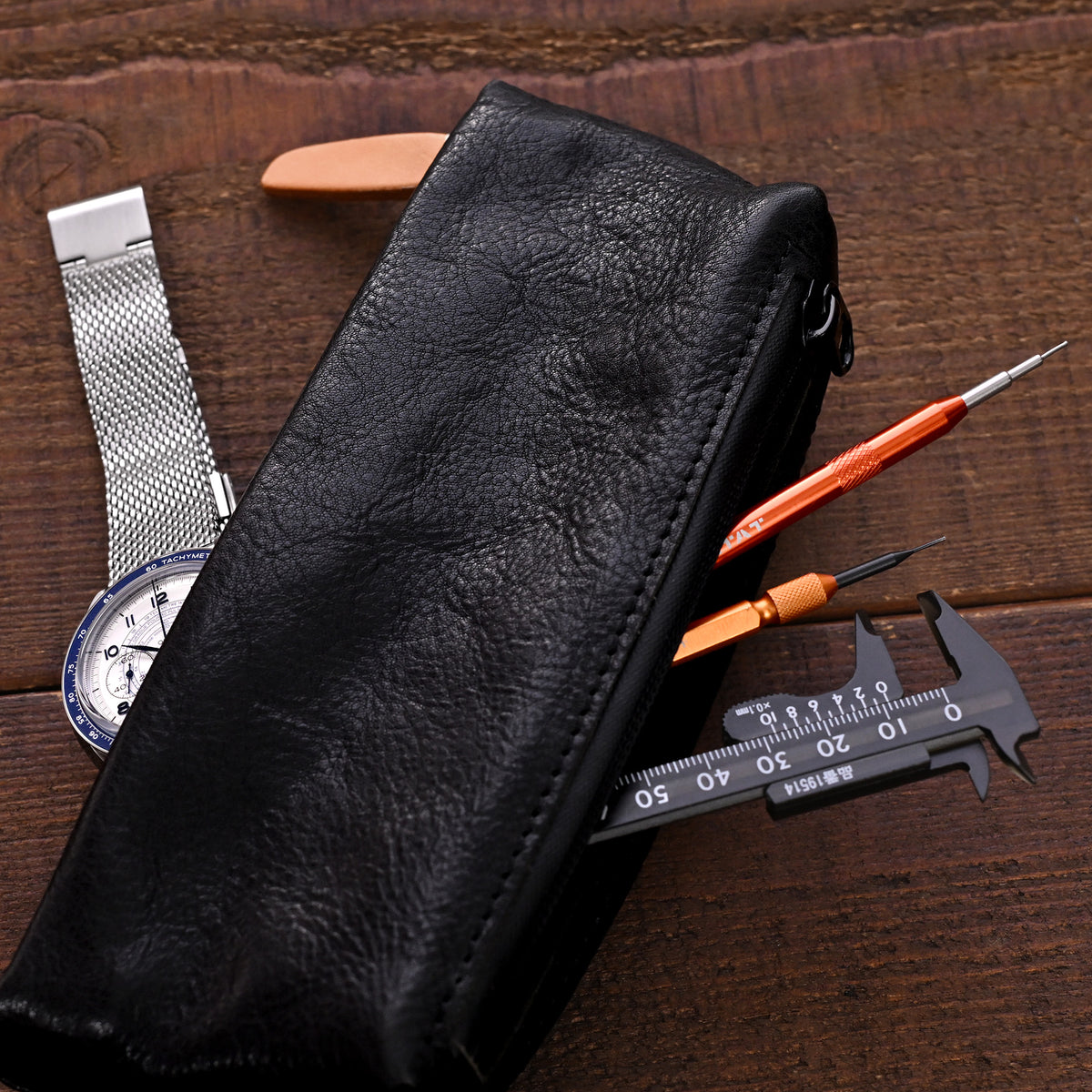 Astuccio da viaggio in pelle per orologi con cerniera e scomparti portaoggetti