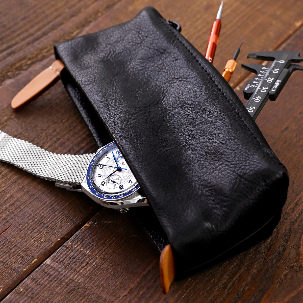 Astuccio da viaggio in pelle per orologi con cerniera e scomparti portaoggetti