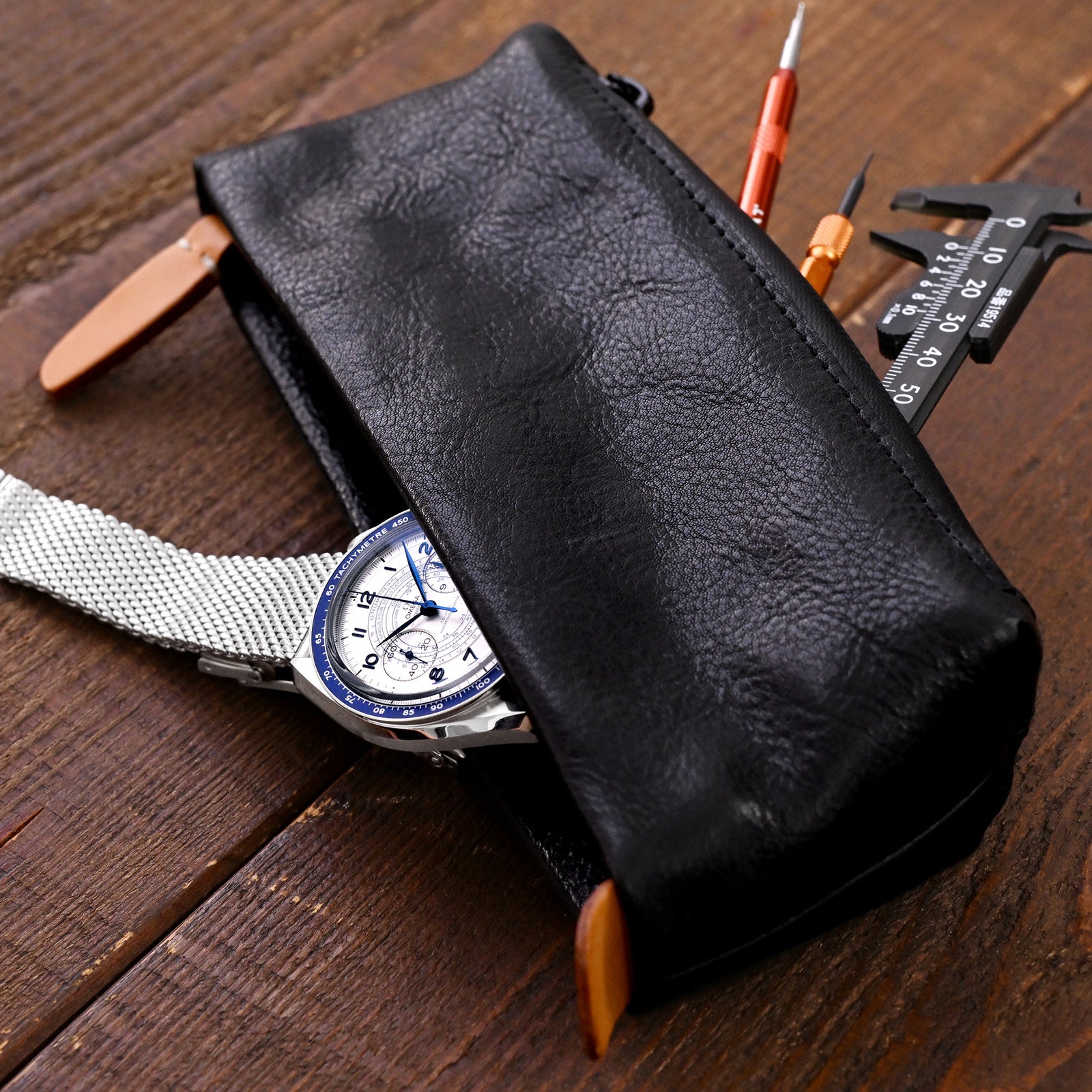 Astuccio da viaggio in pelle per orologi con cerniera e scomparti portaoggetti