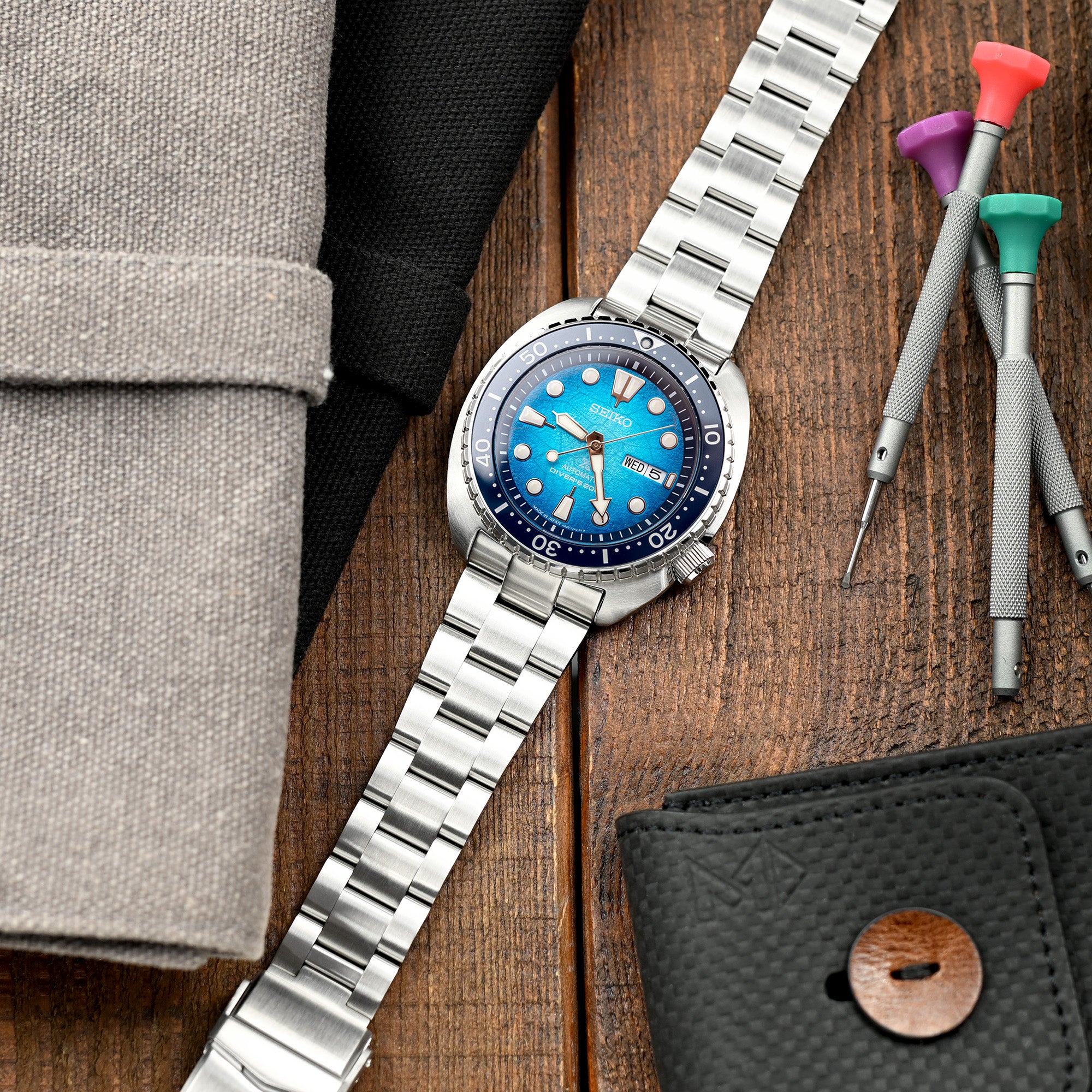 22mm Super-O Boyer Watch Band for Seiko New Turtles SRP777 SRP775 SRPA21 (PADI), Stainless Steel - Brushed, V Diver Clasp