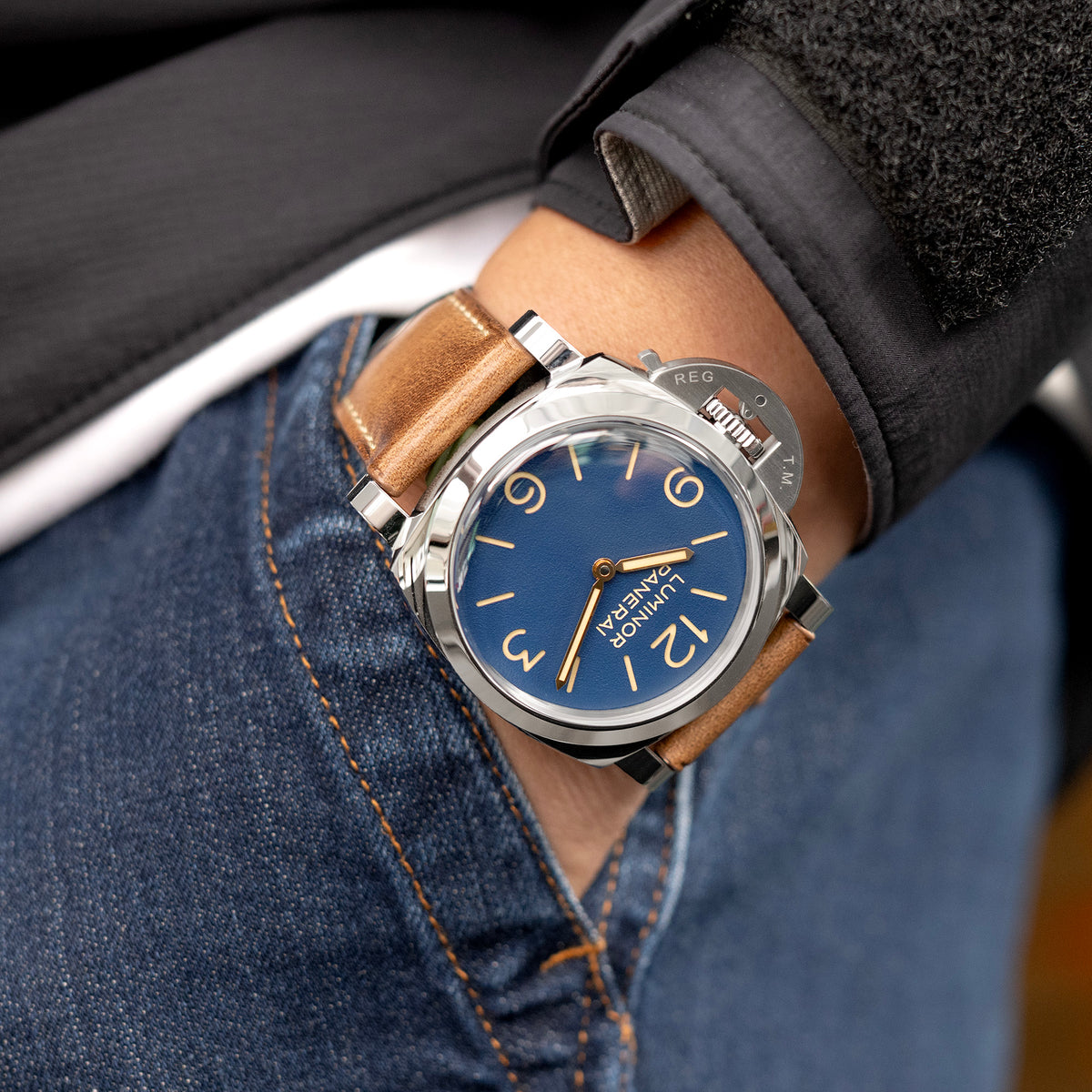 Collection Pam, Bracelet montre en cuir Horween Chromexcel marron vintage pour Panerai, surpiqûre beige