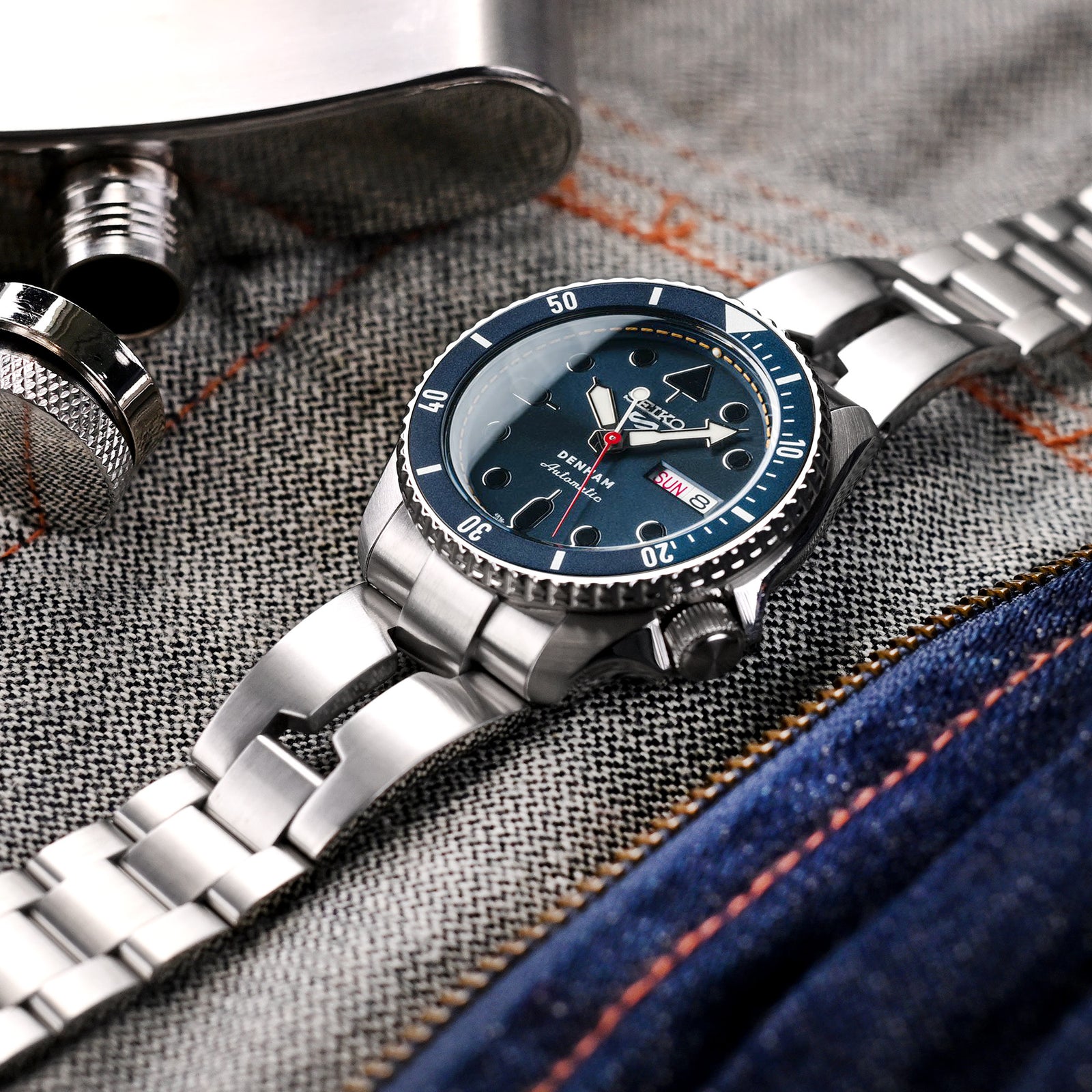 22mm Retro Shaver Blade Watch Band for Seiko 5 Sports 42.5mm, 316L Stainless Steel Brushed V-Clasp Strapcode Watch Bands