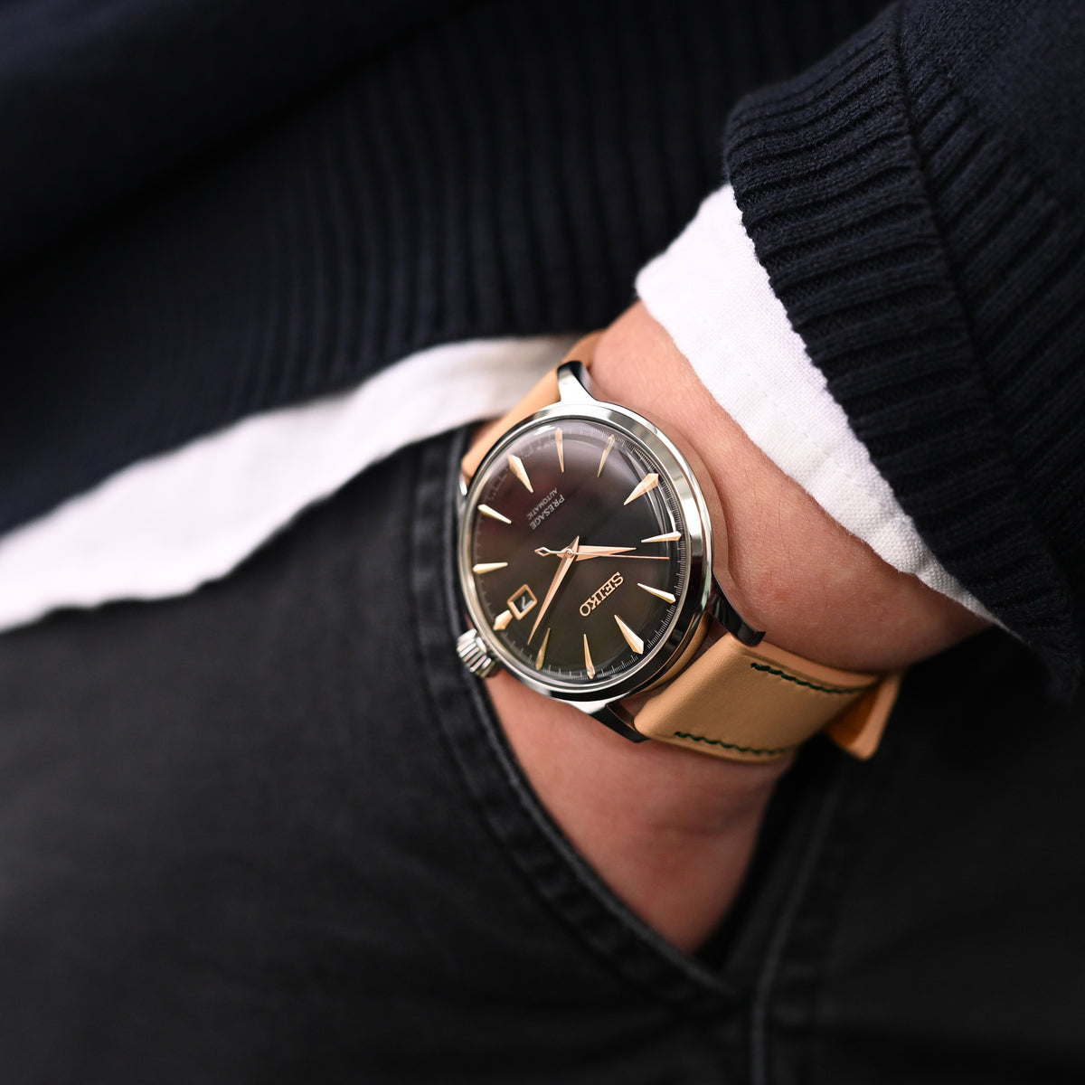 Q.R. 20mm Beige Tapered Leather Watch Band, Forest Green Stitching + Zermatt