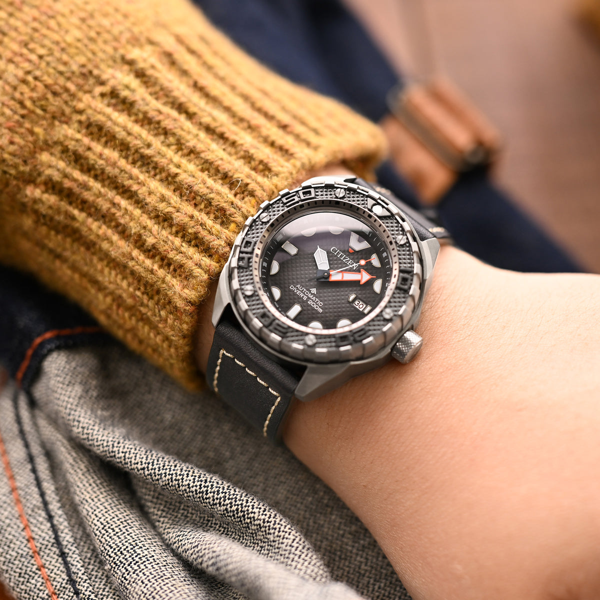 Pam Collection, Black French Crafted Barenia Leather Watch Strap for Panerai, Beige Stitching