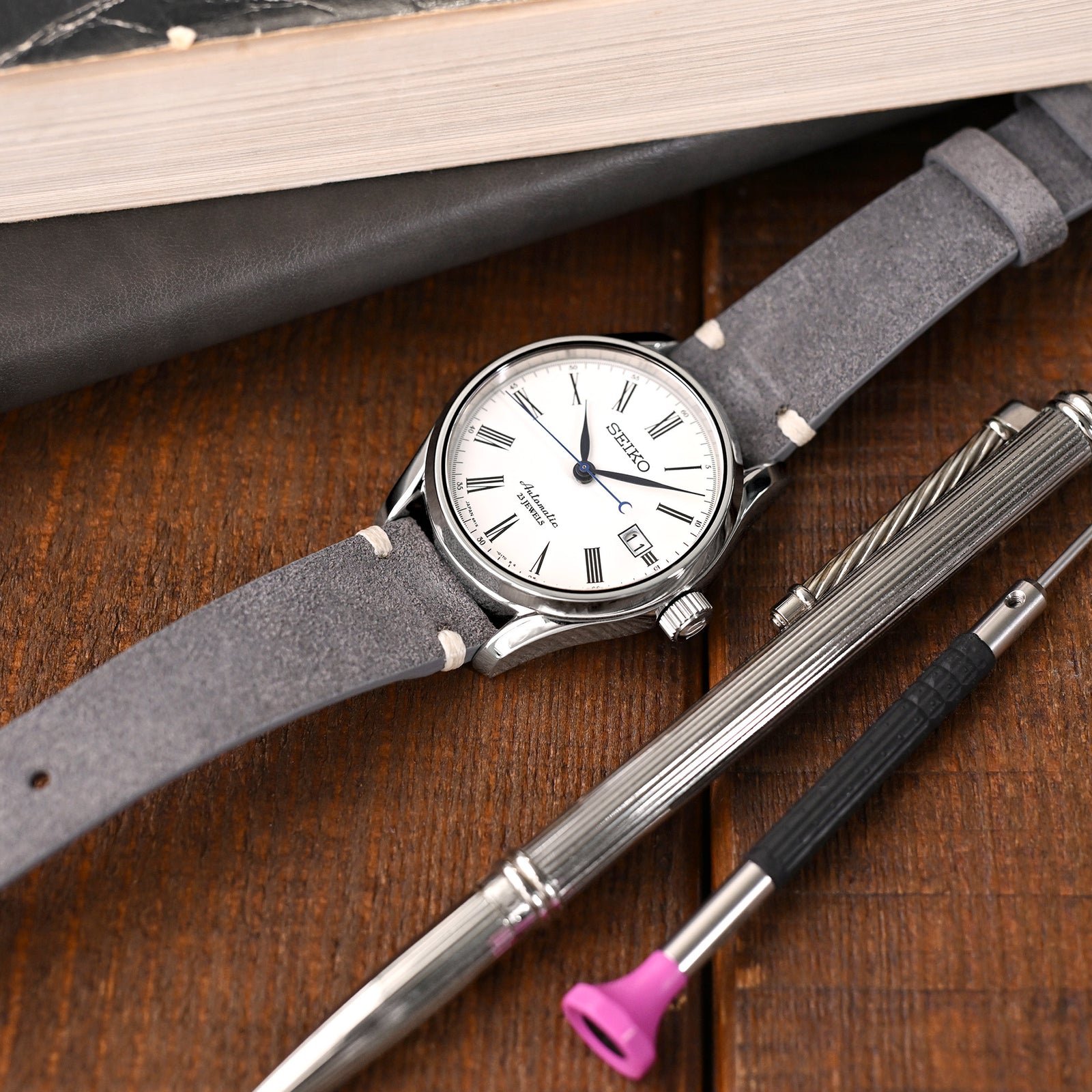 Dark Grey Italian Suede Leather Watch Strap | Twin-Stitch Quick Release | 20mm