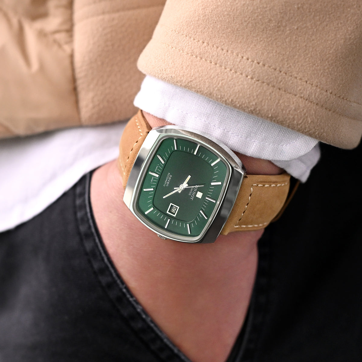 Bracelet de montre en cuir nubuck effilé couleur beige, 22mm ou 24mm