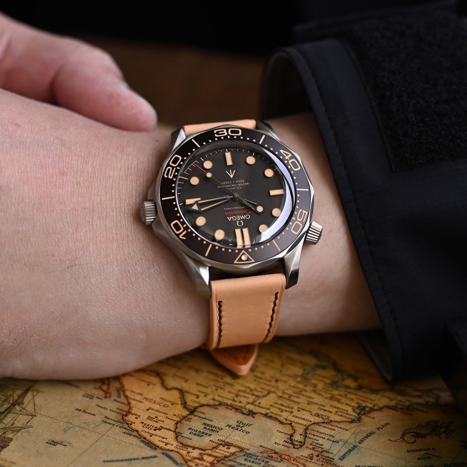 Q.R. 20mm Beige Tapered Leather Watch Band, Chocolate Brown Stitching + Zermatt Strapcode Watch Bands