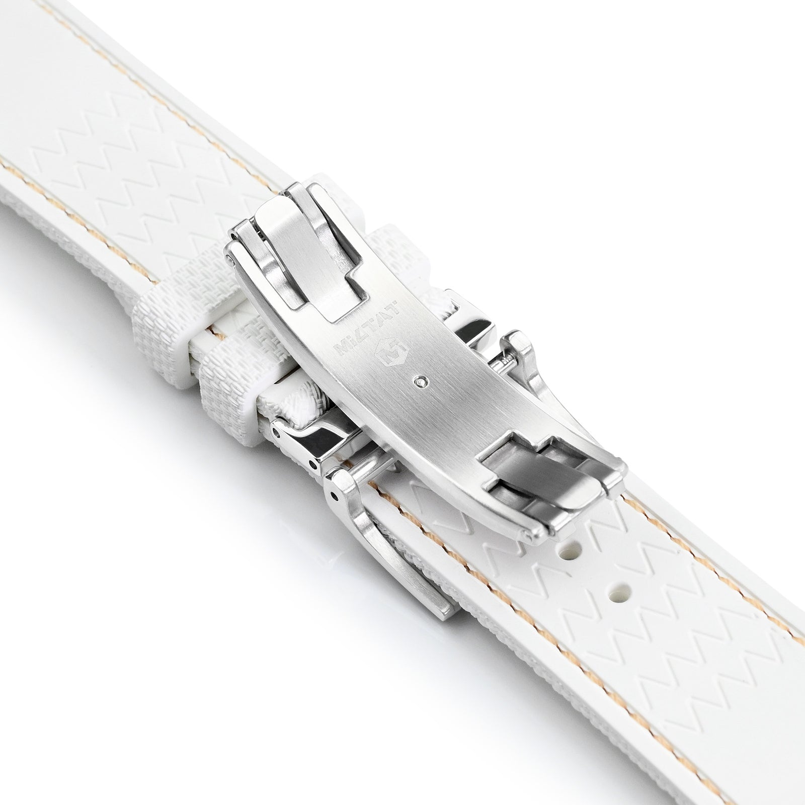 FKM39 White Deployment FKM Rubber Watch Band Beige Stitch, 18-23mmStrapcode watch bands