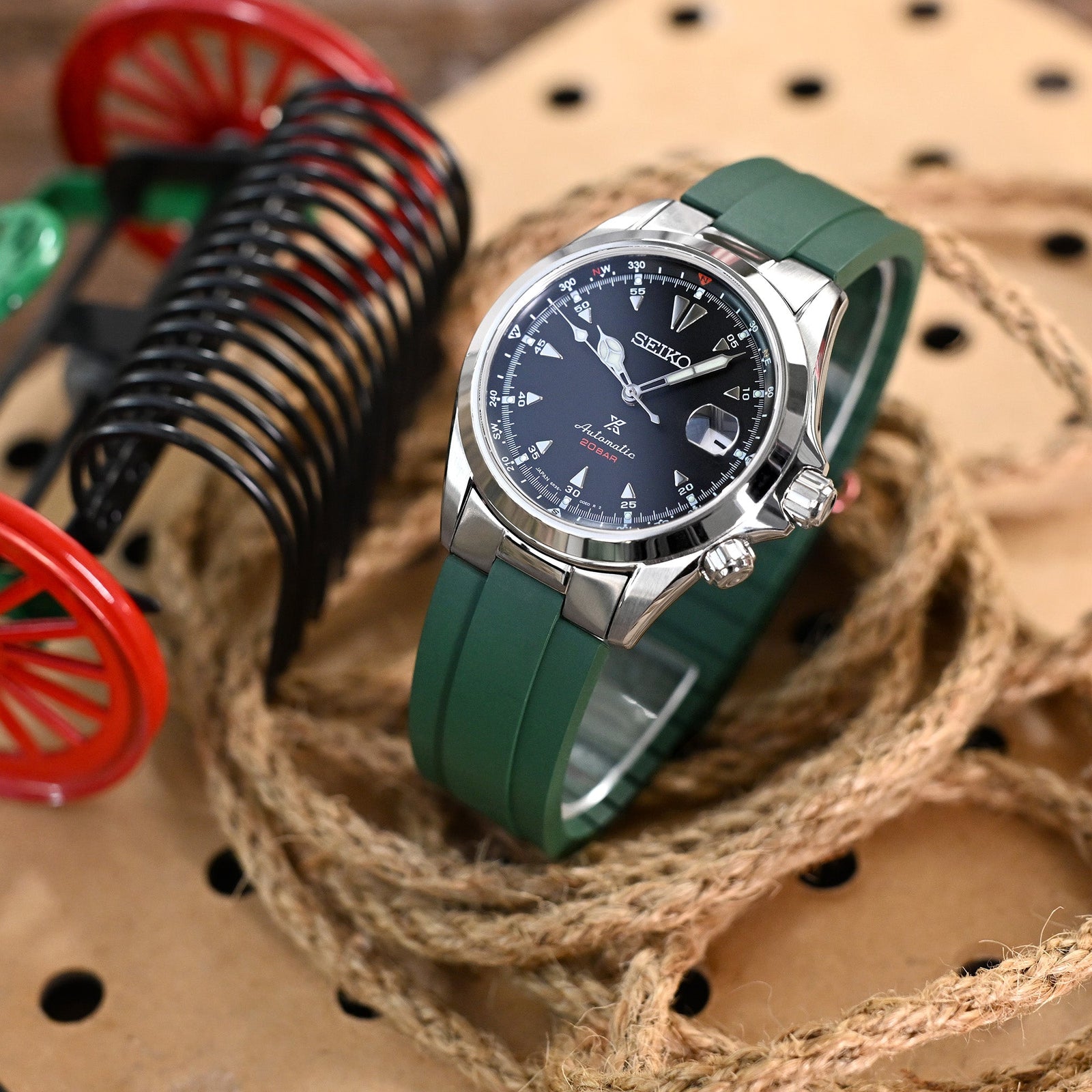 20mm Crafter Blue - MX03-117 Green FKM Rubber Strap With End Links compatible with Seiko Alpinist SARB017 Strapcode watch bands