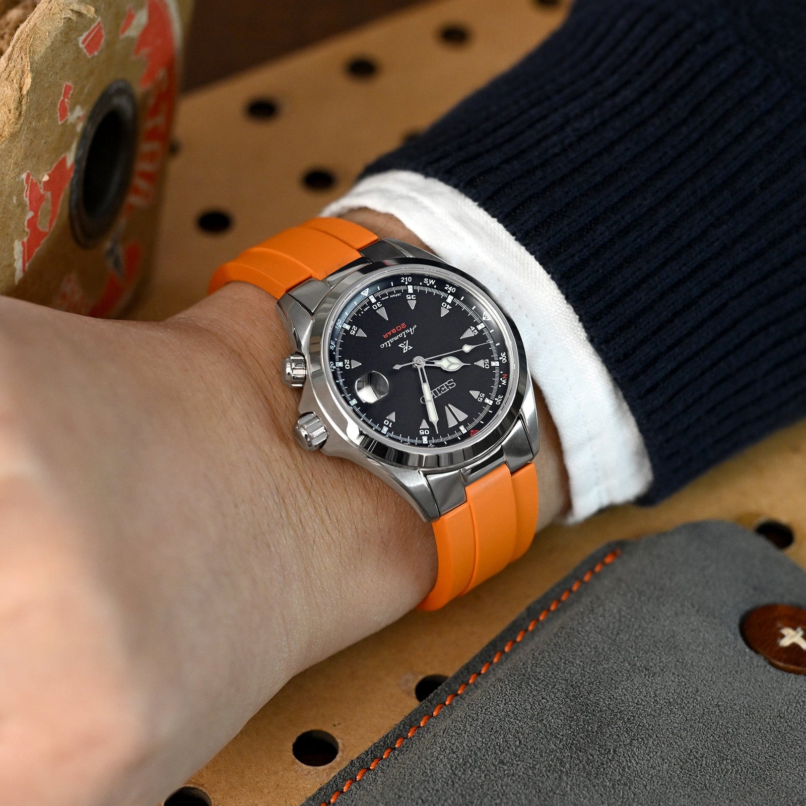 20mm Crafter Blue - MX03-117 Orange FKM Rubber Strap With End Links compatible with Seiko Alpinist SARB017 Strapcode watch bands