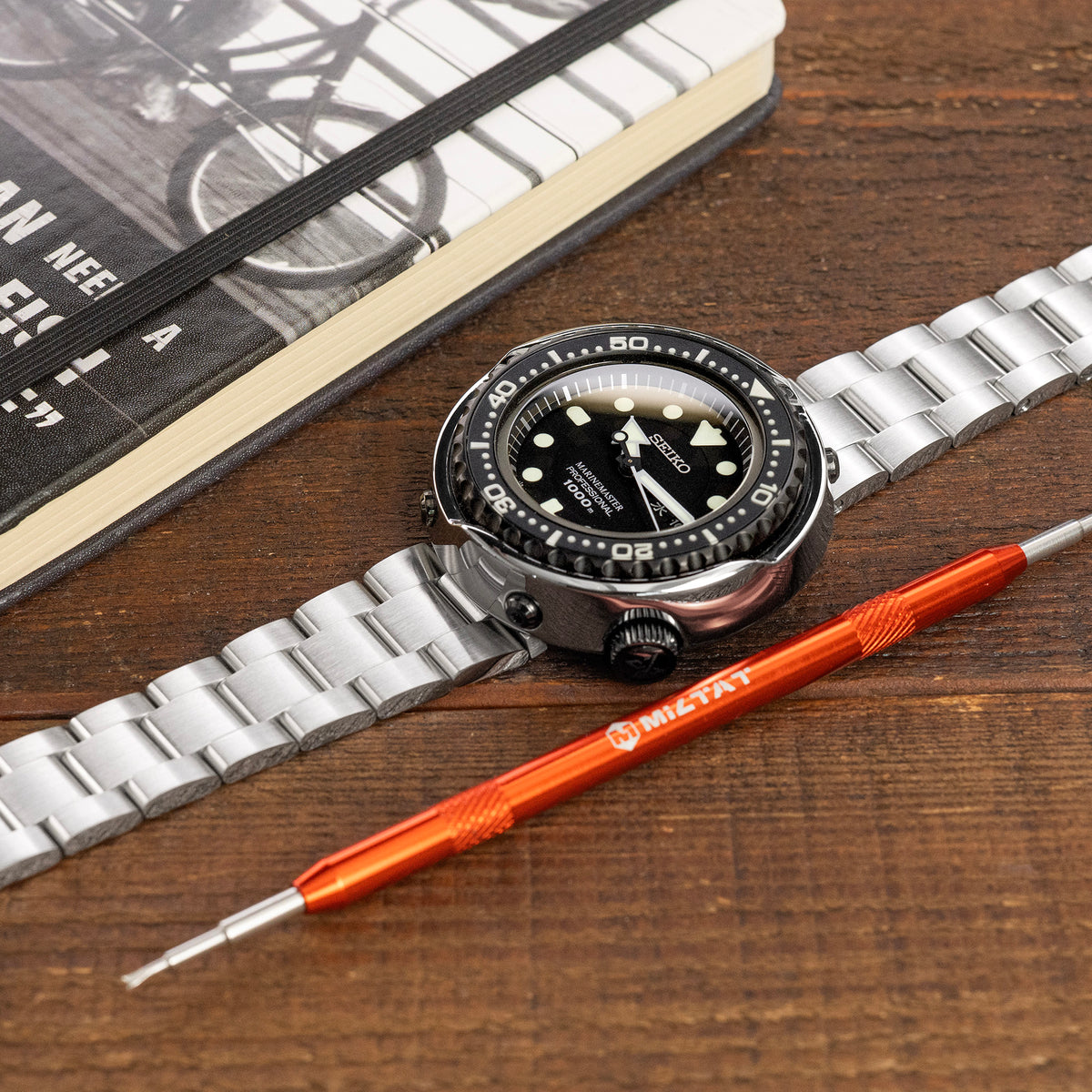 Correa Super-O Boyer 21.5mm compatible con Seiko Tuna SBBN013, acero inoxidable 316L, cierre en V con botón y doble bloqueo