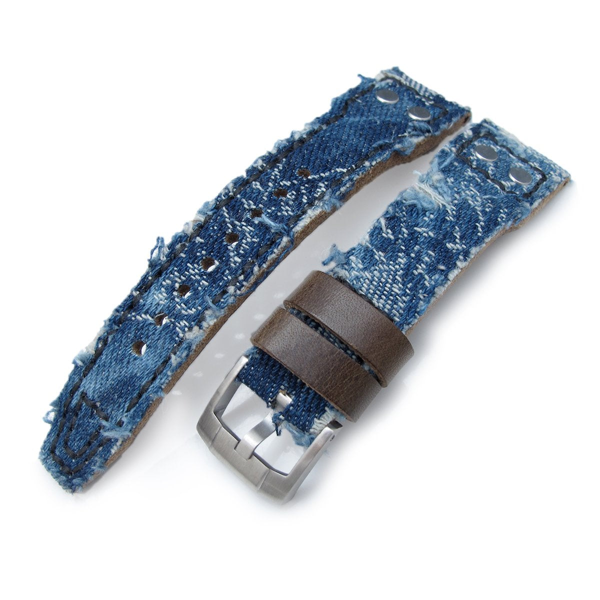 21mm 22mm MiLTAT Heavy Distressed Blue Denim Watch Strap Rivet Military strap Strapcode Watch Bands