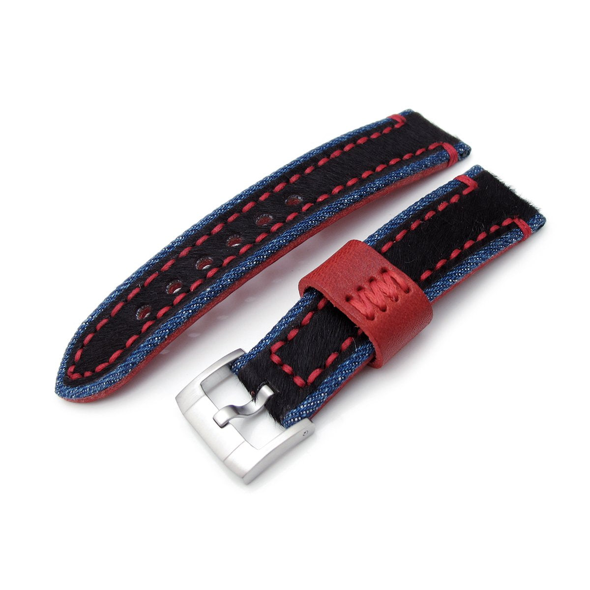 22mm MiLTAT Zizz Collection Brown Fur & Calf Watch Strap Red Wax Hand Stitching Strapcode Watch Bands