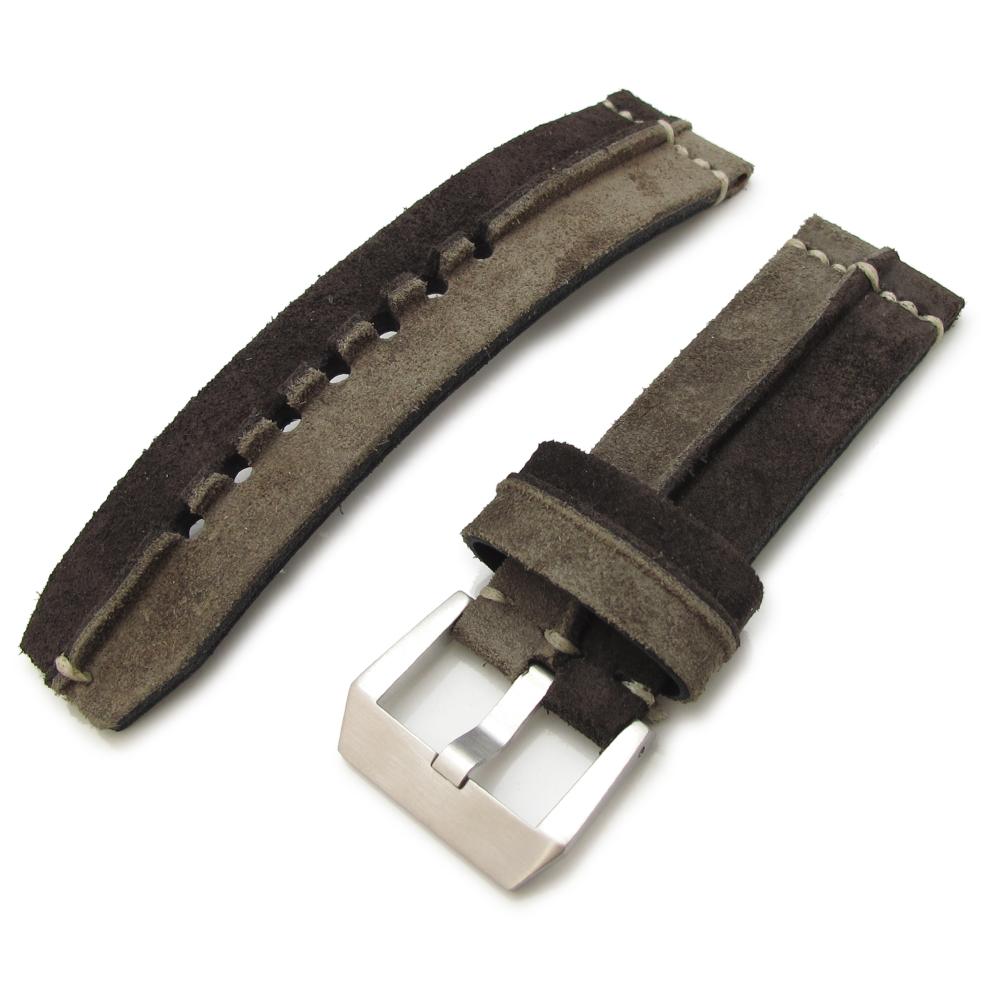 24mm MiLTAT Khaki + D Brown Ridge Design Suede watch strap Beige Hand Stitch Strapcode Watch Bands