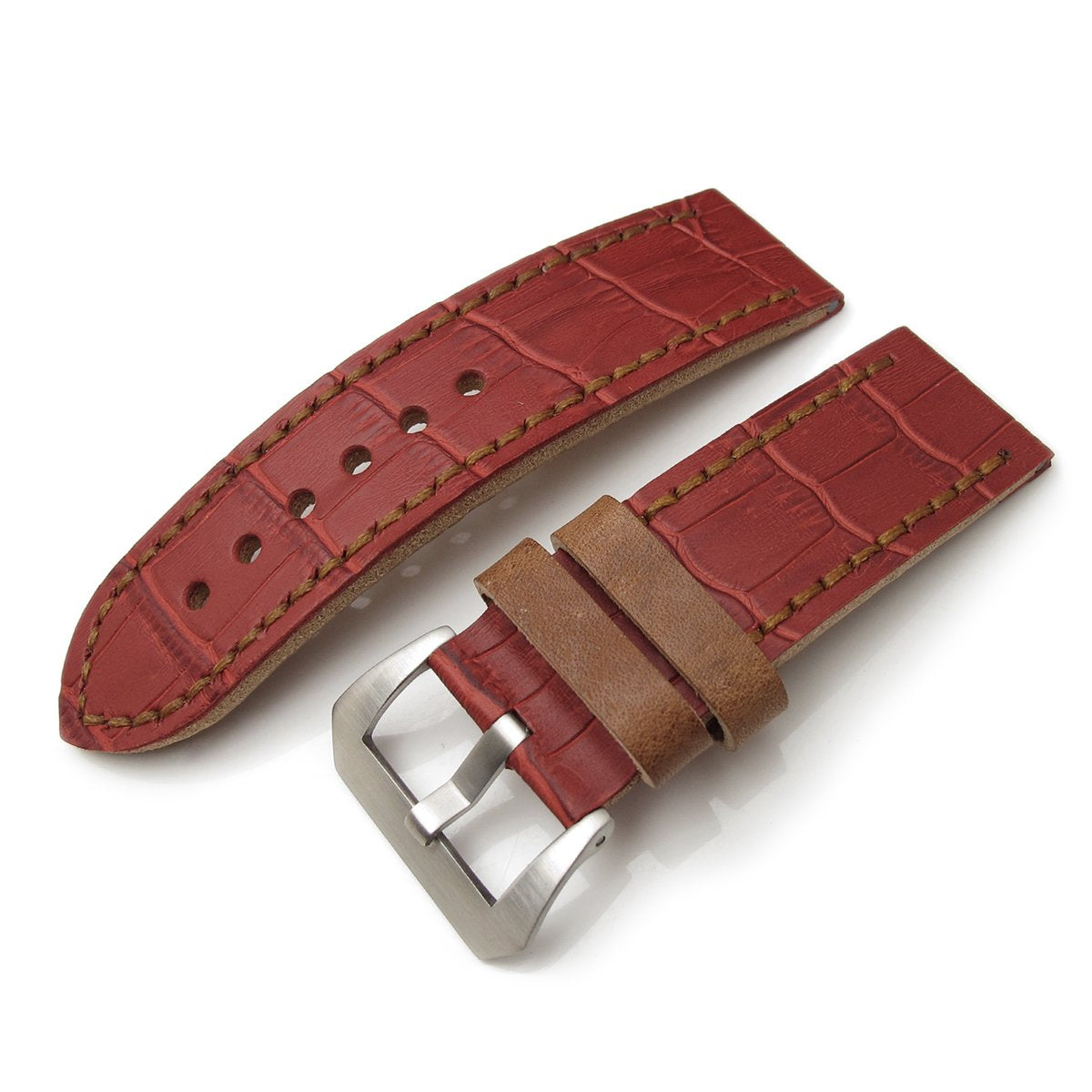 26mm MiLTAT Antipode Watch Strap Matte Red CrocoCalf in Tan Hand Stitches Strapcode Watch Bands