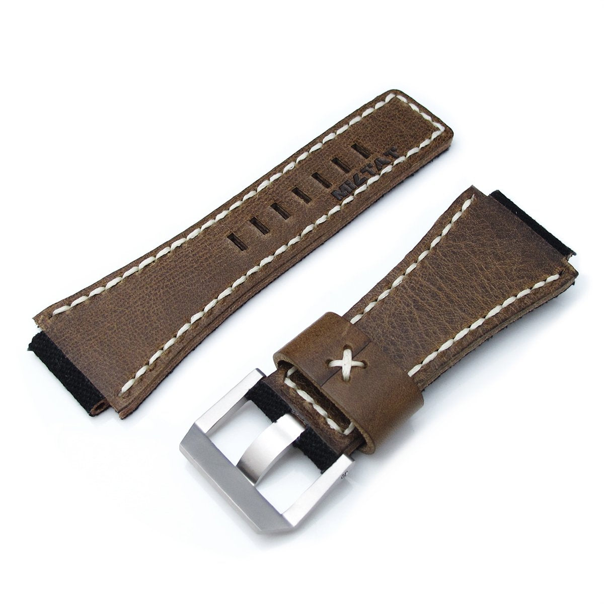 MiLTAT Black Canvas Bell &amp; Ross BR01 Type Replacement Watch Strap Beige Wax Stitching Strapcode Watch Bands