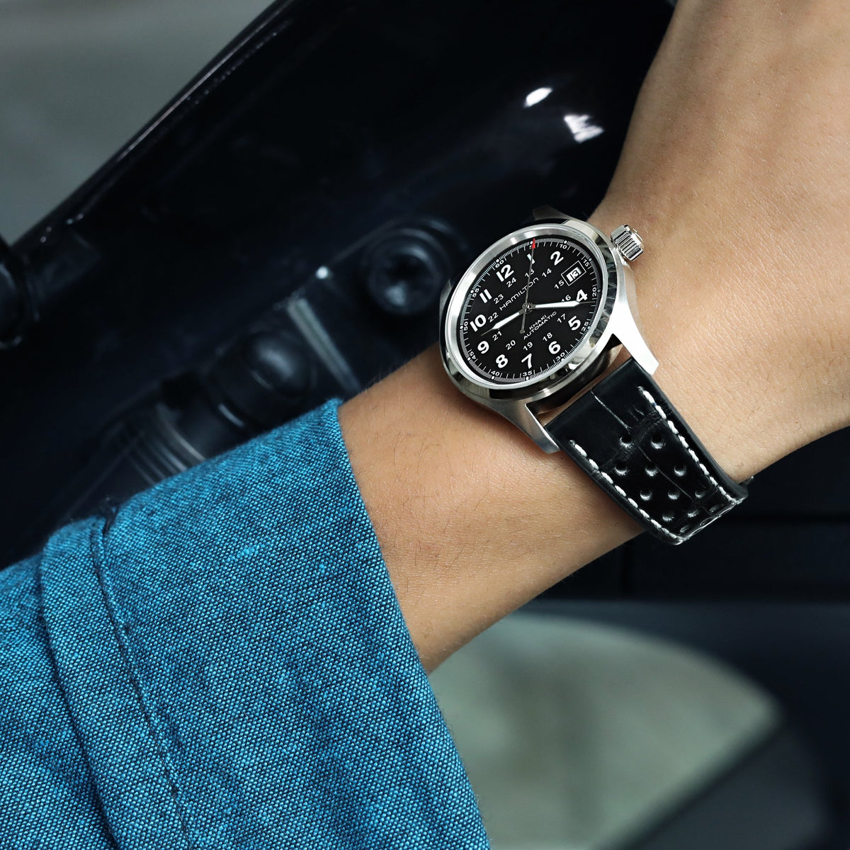 20mm MiLTAT Rally Racing Genuine Alligator Black Watch Strap Beige Stitching Strapcode Watch Bands