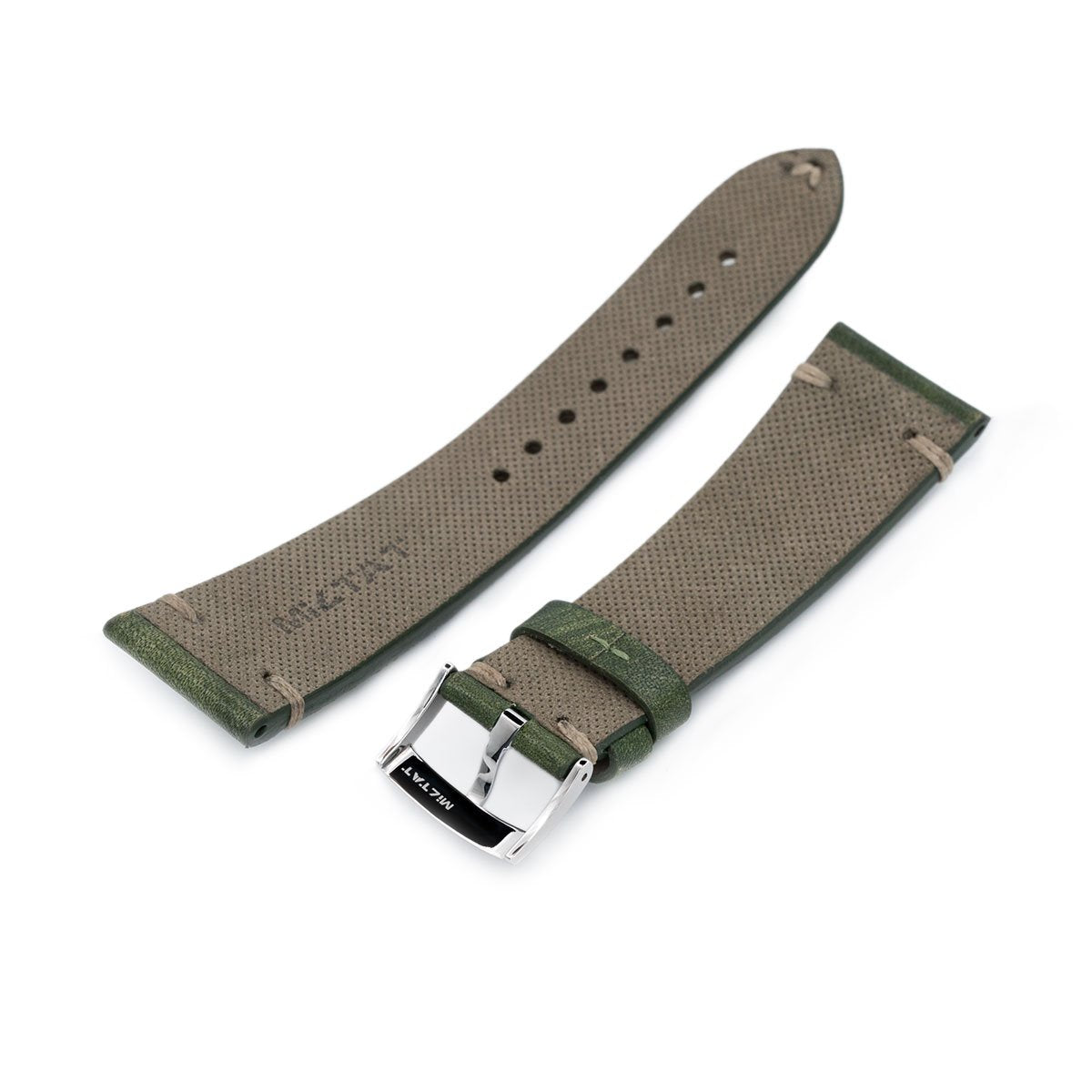 22mm MiLTAT Italian Handmade Brushed Green Watch Strap Khaki Stitching Strapcode Watch Bands