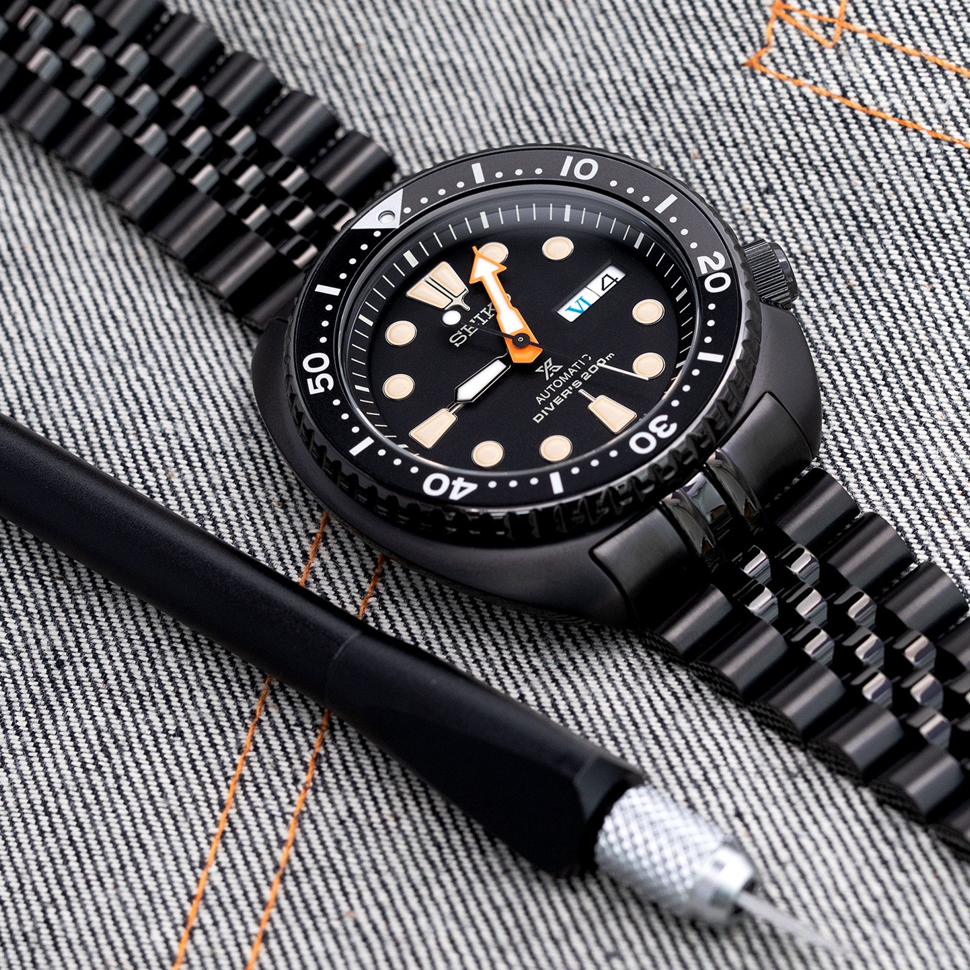 22mm Super-J Louis 316L Stainless Steel Watch Band for Seiko new Turtles SRPC49, Diamond-like Carbon (DLC coating) V-Clasp Strapcode Watch Bands