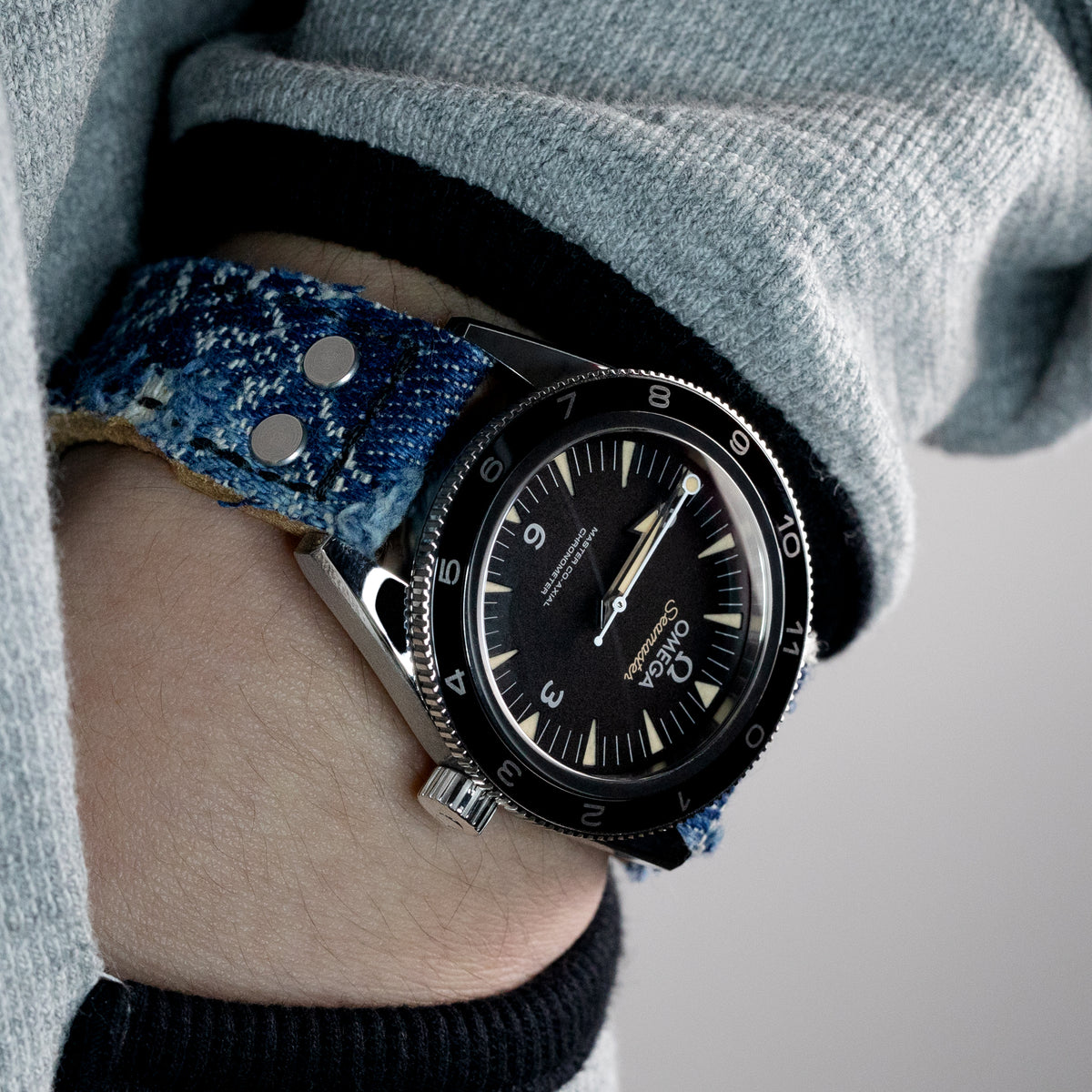 21mm, 22mm MiLTAT Distressed Light Blue Denim Watch Strap, Rivet Military strap